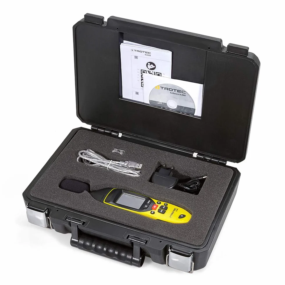 TROTEC Dezibel Messgerät SL400 – Schallmessgerät geeicht, mit Aufzeichnung – Messbereich 30 bis 130 dB (A), Klasse 2, Speicher 32.700 Messwerte, Komplett-Set
