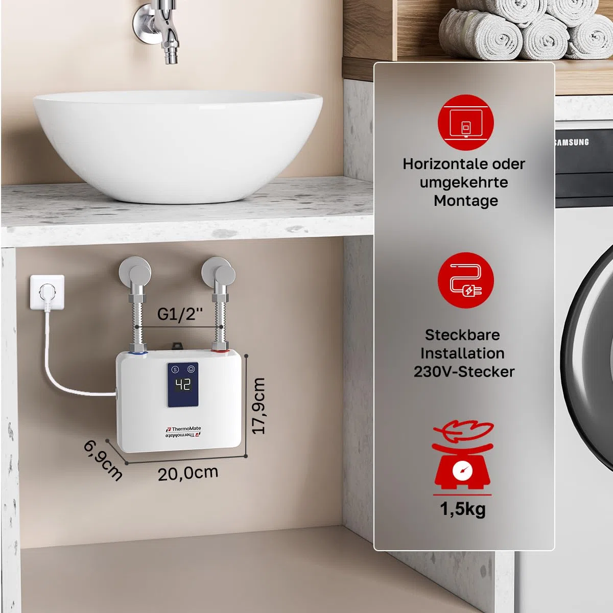 ThermoMate Mini Durchlauferhitzer 3,5kW für Handwaschbecken,elektrisch Klein Warmwasserbereiter für Küche und Badezimmer, Druckfest, Platzsparend mit Stecker, 230V