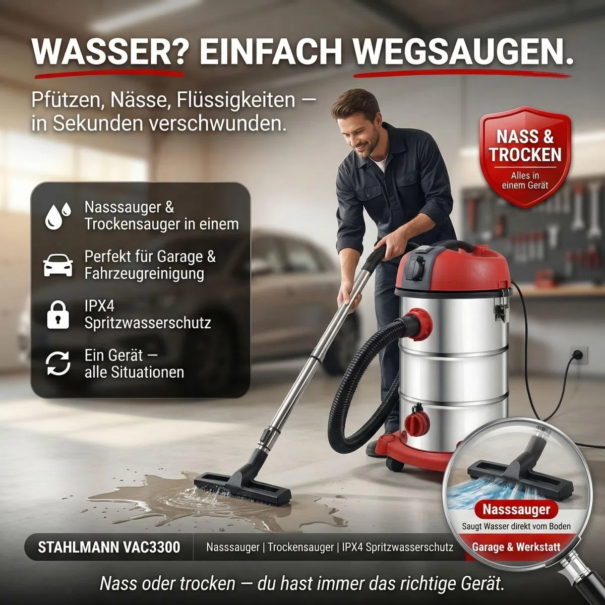 STAHLMANN VAC3300 Industriestaubsauger 3300W | Steckdose mit Automatik (2000W) | Blasfunktion | 21kPa Saugleistung | Nass- & Trockensauger 30L | Werkstattsauger ohne Beutel | Baustellen-Sauger