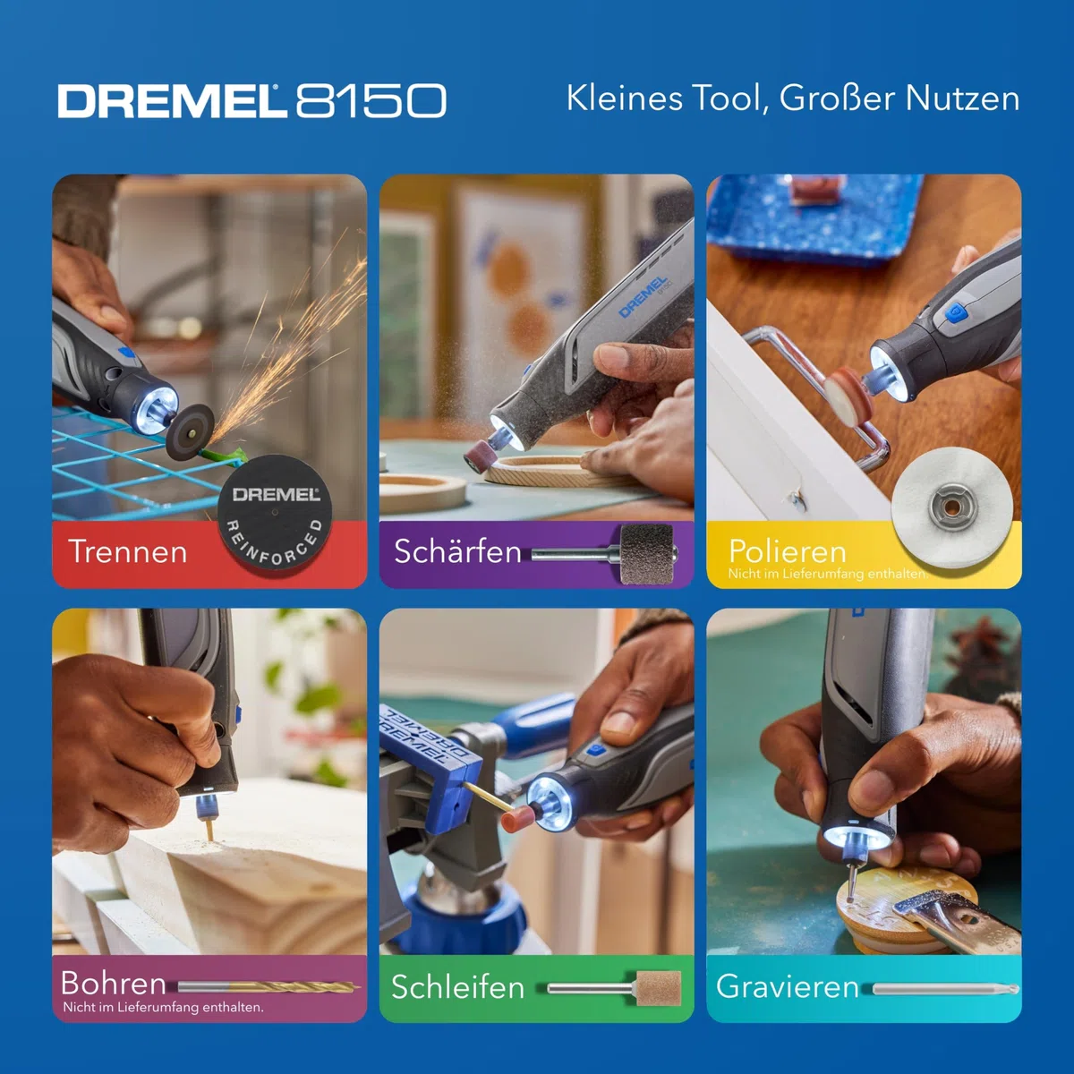 Dremel 8150 Bürstenloses Akku-Multitool-Set, 7,2V 2Ah per USB-C aufladbarer Akku, 20 Zubehöre, Variable Drehzahl von 5.000 bis 30.000 U/min, LED-Frontlicht, Schneiden, Schärfen, Schnitzen, Schleifen