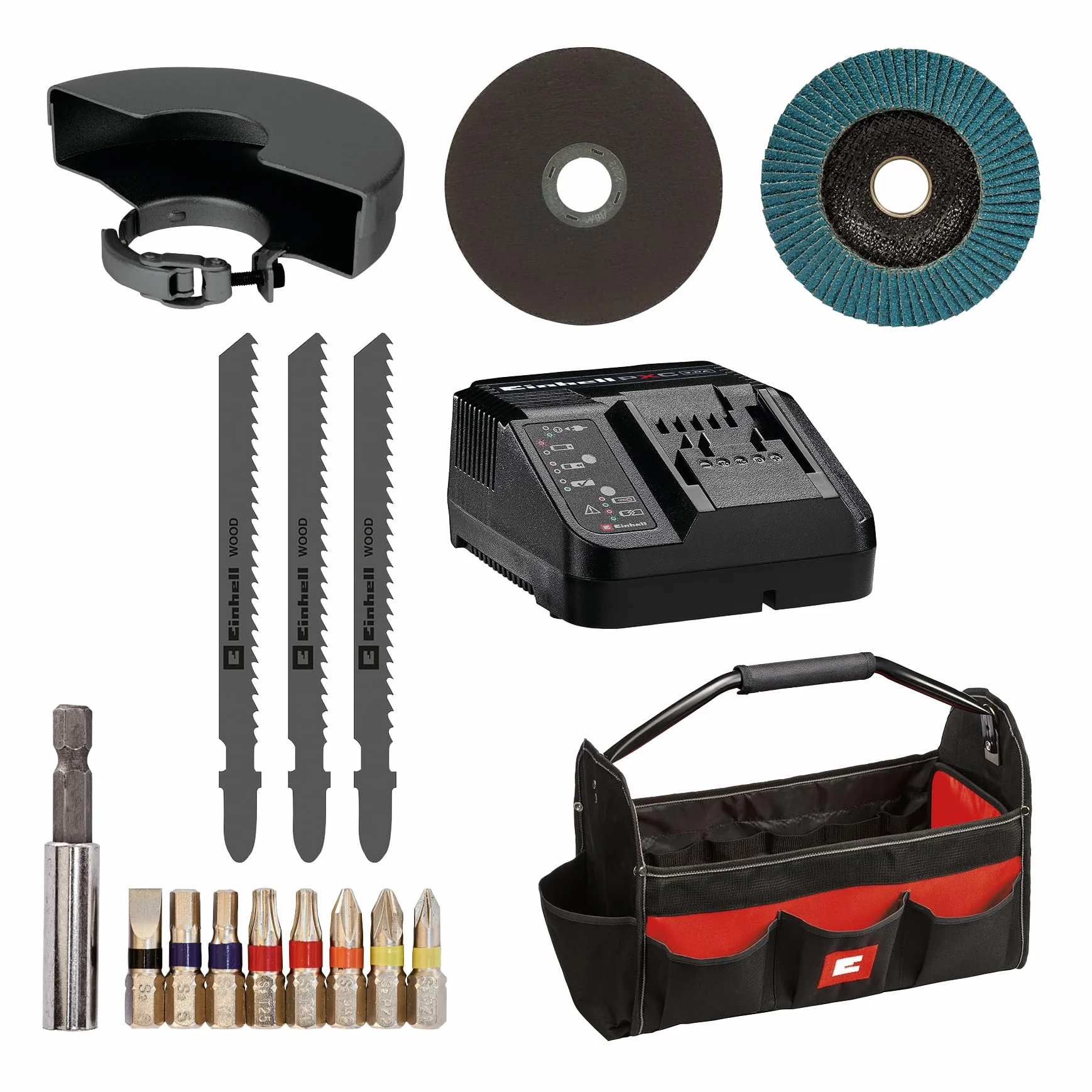 Einhell Bohrschrauber TE-CD 18/40 Li + Winkelschleifer TC-AG 18/115 Li + Stichsäge TC-JS 18 Li Power X-Change (18 V, inkl. 1 x 4,0 Ah Akku, Ladegerät, Etui)