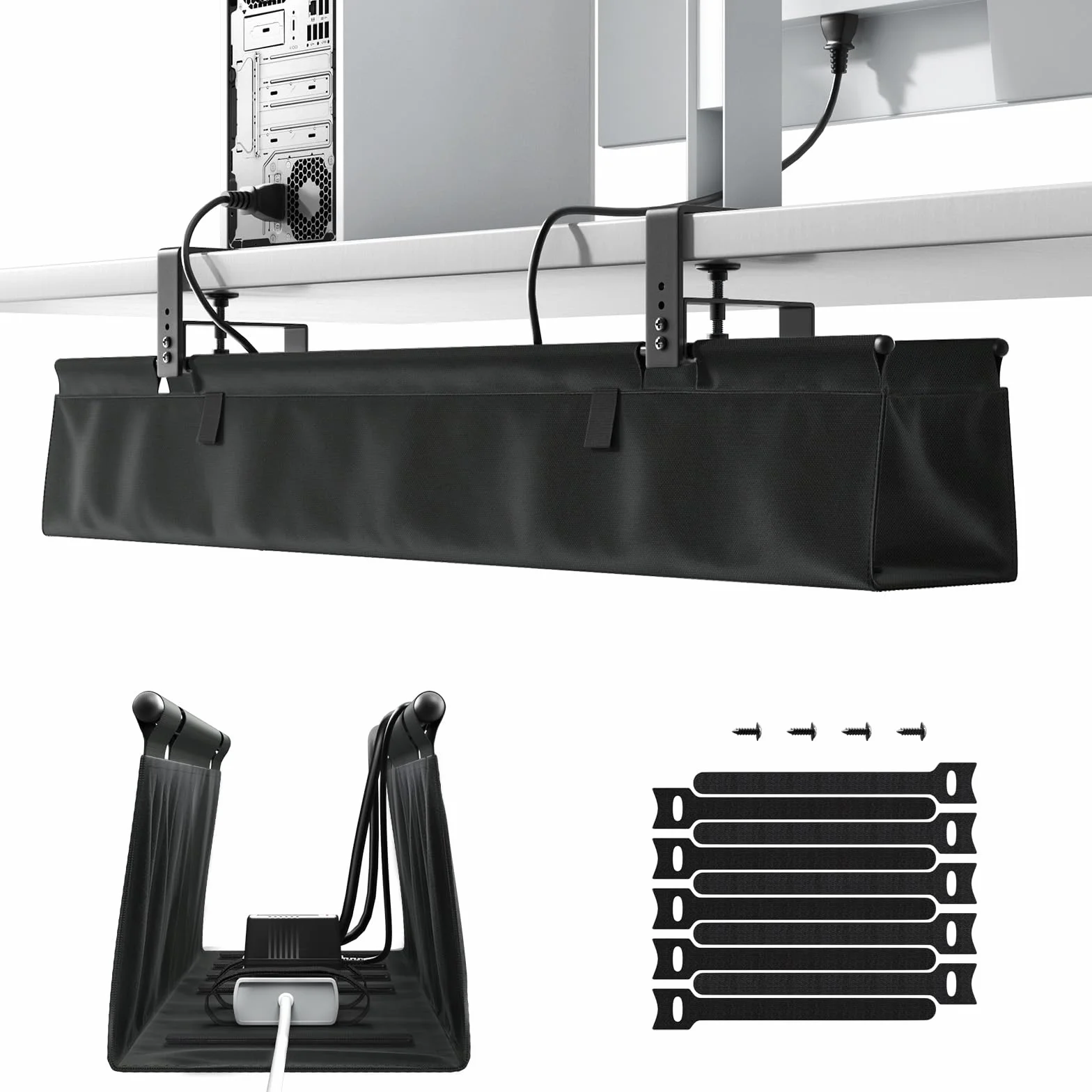 Kabelkanal Schreibtisch Ohne Bohren, 90cm Unter dem Kabelmanagement Schreibtisch mit Klemmen/Schraubmontage, Stabiler & Wasserdichter Stoff-Kabelorganizer für Zuhause und Büro, Schwarz
