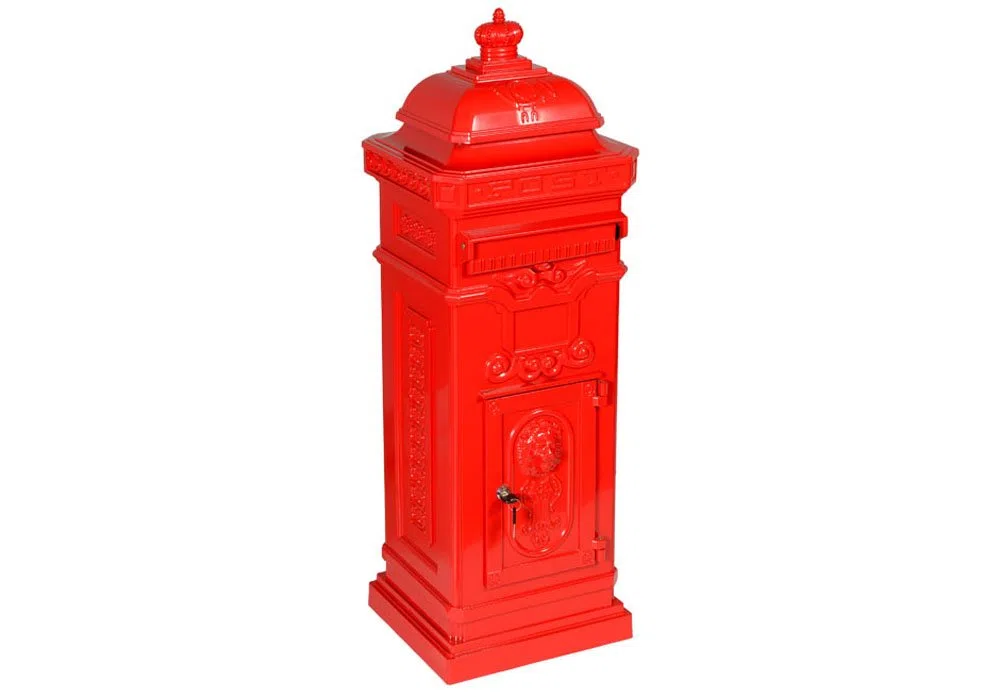 antiker englischer Standbriefkasten LUNA, Farbe Rot, Material Aluminium, rostfrei, Höhe: 102cm, nostalgischer Standbriefkasten Briefkasten Postkasten Antik Retro Jugendstil freistehend Standpostkasten