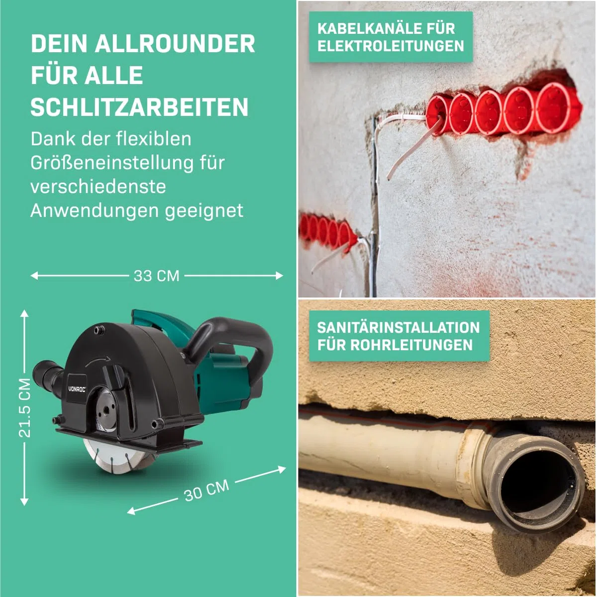 VONROC Mauernutfräse mit Absaugung [1700W] - Schlitzfräse Nutfräser für Kabelnut [14/19/29mm] - Schlitzmaschine 150mm mit Schnittiefe [4-40mm] inklusive 2 Diamantscheiben