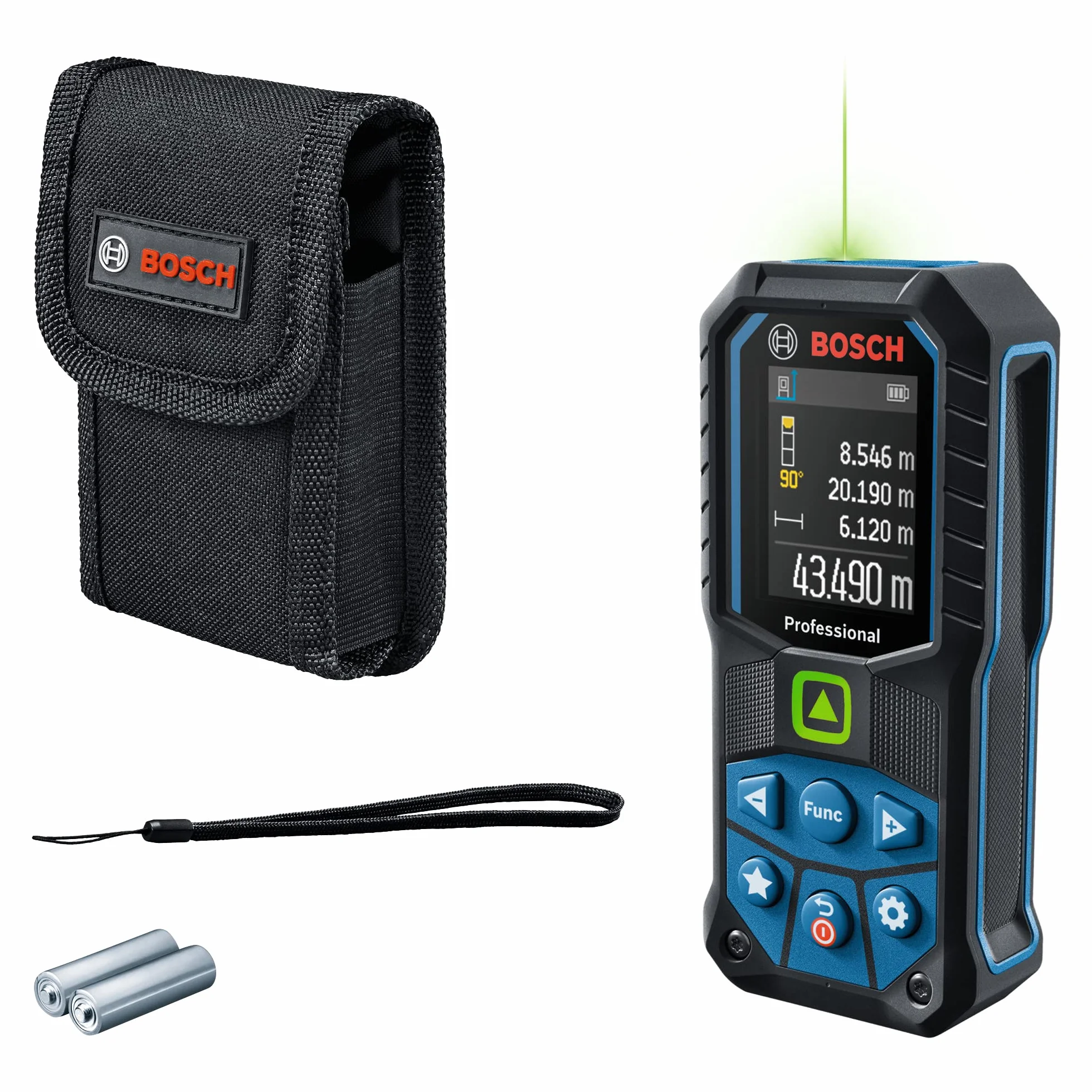 Bosch Professional Laser-Entfernungsmesser GLM 50-23 G (grüner Laser, Neigungssensor, Reichweite: bis zu 50 m, robust, IP65, ± 1,5 mm*, 2X AA-Batterie, Schlaufe, Tasche)