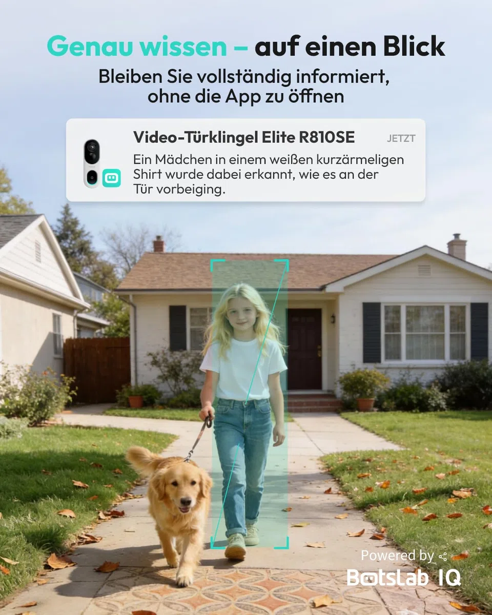 BOTSLAB 2K Solar Akku Video Türklingel mit Solarpanel, 100% Kabellose Klingel mit Kamera, Kopf-bis-Fuß-Ansicht, PIR-Bewegungserkennung, Ohne Monatsgebühr, Nachtsicht, 2-Wege-Audio, 2,4GHz WLAN