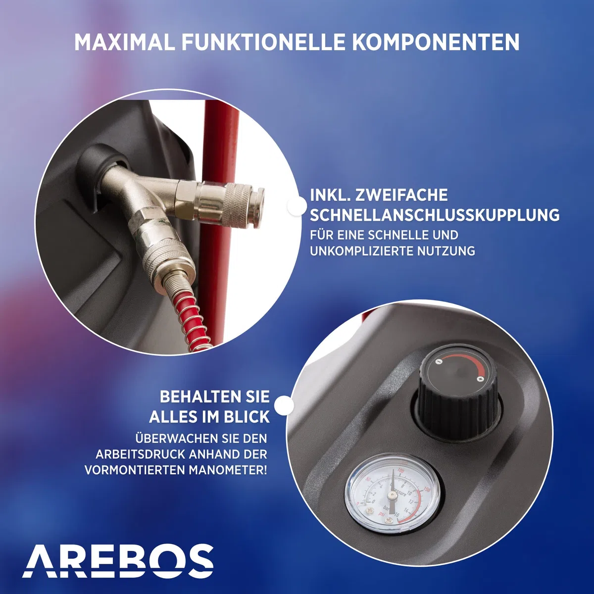 Arebos 50L Druckluftkompressor 1500W | 10 bar Kompressor stehend | 240 L/min Ansaugleistung | Ölfrei & leistungsstark | inkl. 5,3 m Spiralschlauch & 13-tlg. Zubehör | Wartungsarm | Abschaltautomatik