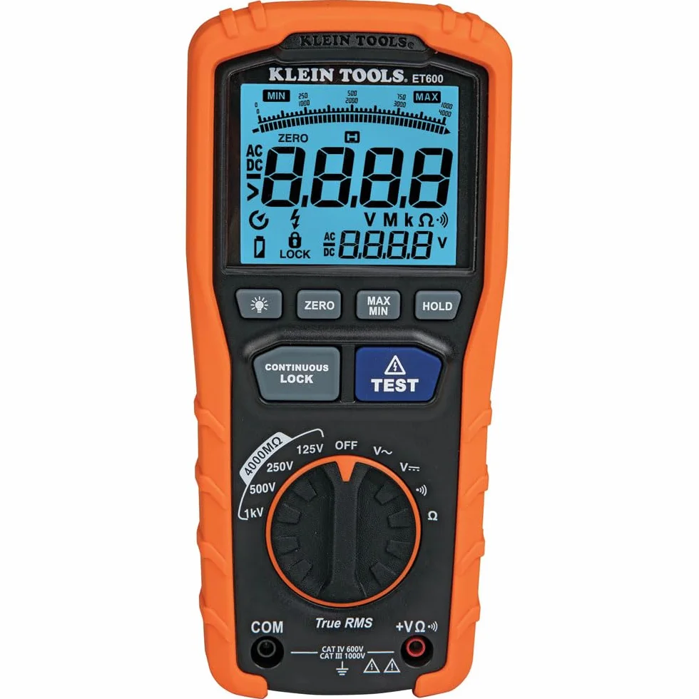 Klein Tools ET600 Isolationsprüfgerät | Bis 4000 MΩ | 125 V 250 V 500 V und 1000 V Prüfspannung | TRMS | CAT IV 600 V CAT III 1000 V