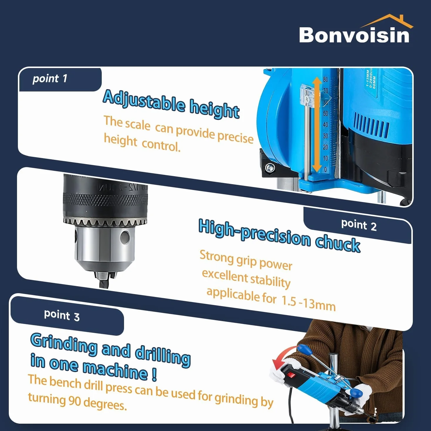 Bonvoisin Mini Tischbohrmaschine 1200W, 6 Variable Geschwindigkeiten, Max. 2800RPM, Bohrerdurchmesser 35mm, für Basteln/Heimwerken/Metallbearbeitung (EU)