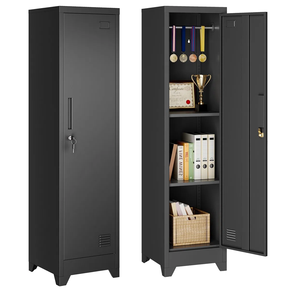 Dripex Metallschrank mit Hängestange, Stahlschrank Aktenschrank abschließbar Aufbewahrungsschrank Mehrzweckschrank Stahlspind für Schule Haus Büro Garag, Schwarz, 150 x 38 x 38 cm