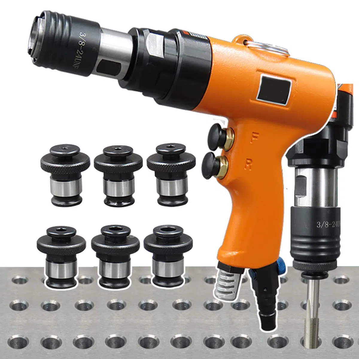 Pneumatische Gewindeschneidmaschine + 6 Spannfutter (M3-M12), Selbstsichernder Kopf, Pneumatischer Gewindebohrer, Druckluftbohrer, Mehrzweck-Bohrmaschine zum Bohren/Gewindeschneiden,A