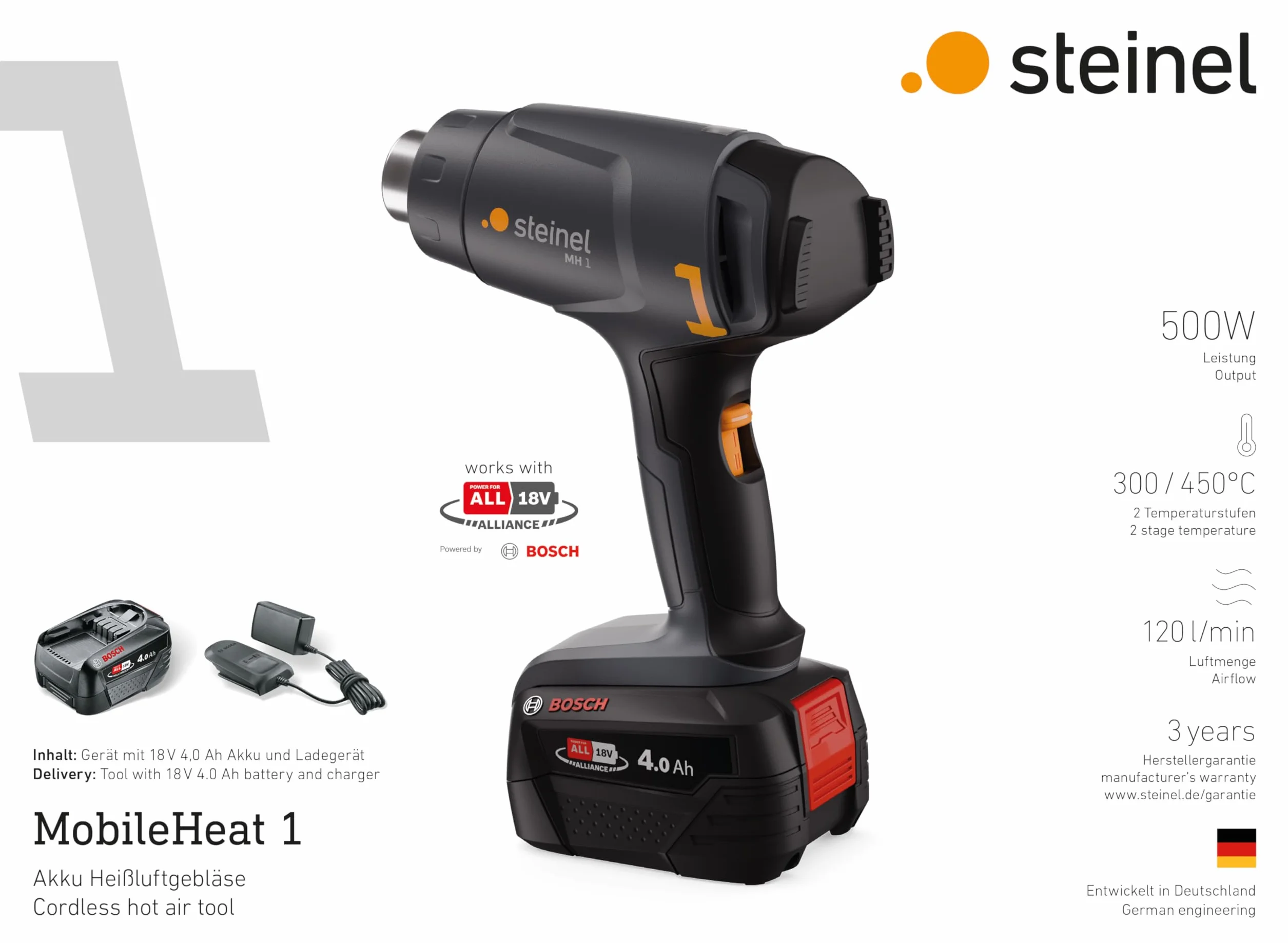 Steinel Akku Heißluftpistole MH 1 Set, inkl. 4.0 Ah 18V Bosch PFA Akku, Heißluftfön kabellos, 2 Temperaturstufen 300°C/450°C, zum Löten und Schrumpfen