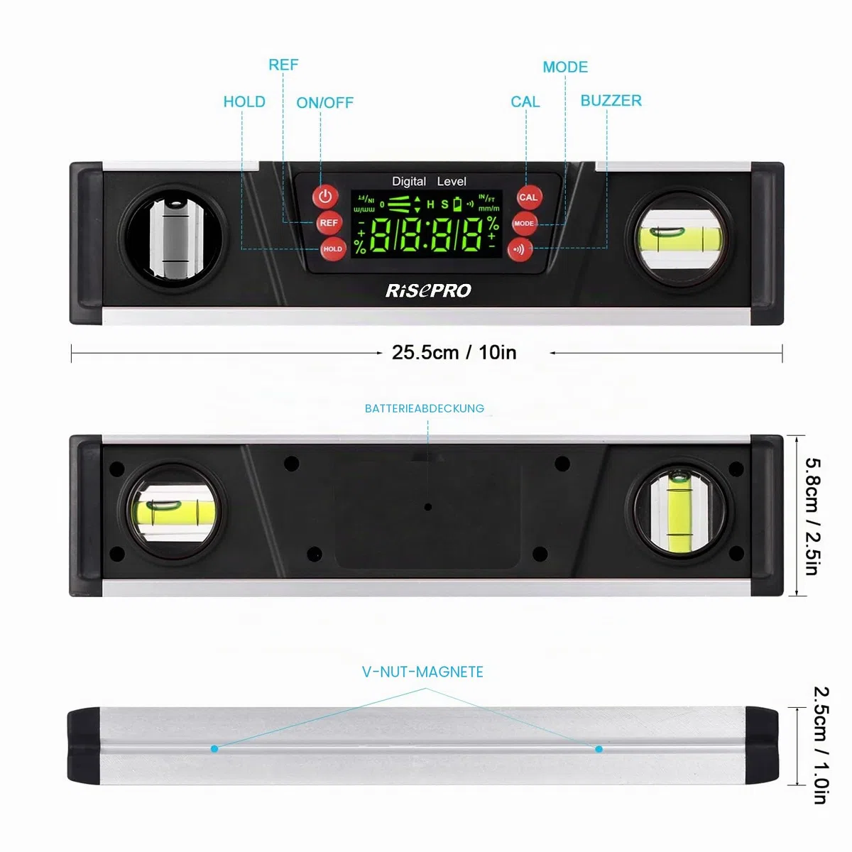 Digitale magnetische Wasserwaage und Winkelmesser – RISEPRO 10 Zoll IP54-geschützter elektronischer Blasen-Neigungsmesser, Winkelsucher, Messgerät mit großem VA-Display und Sockel mit V-Nut DL135-B