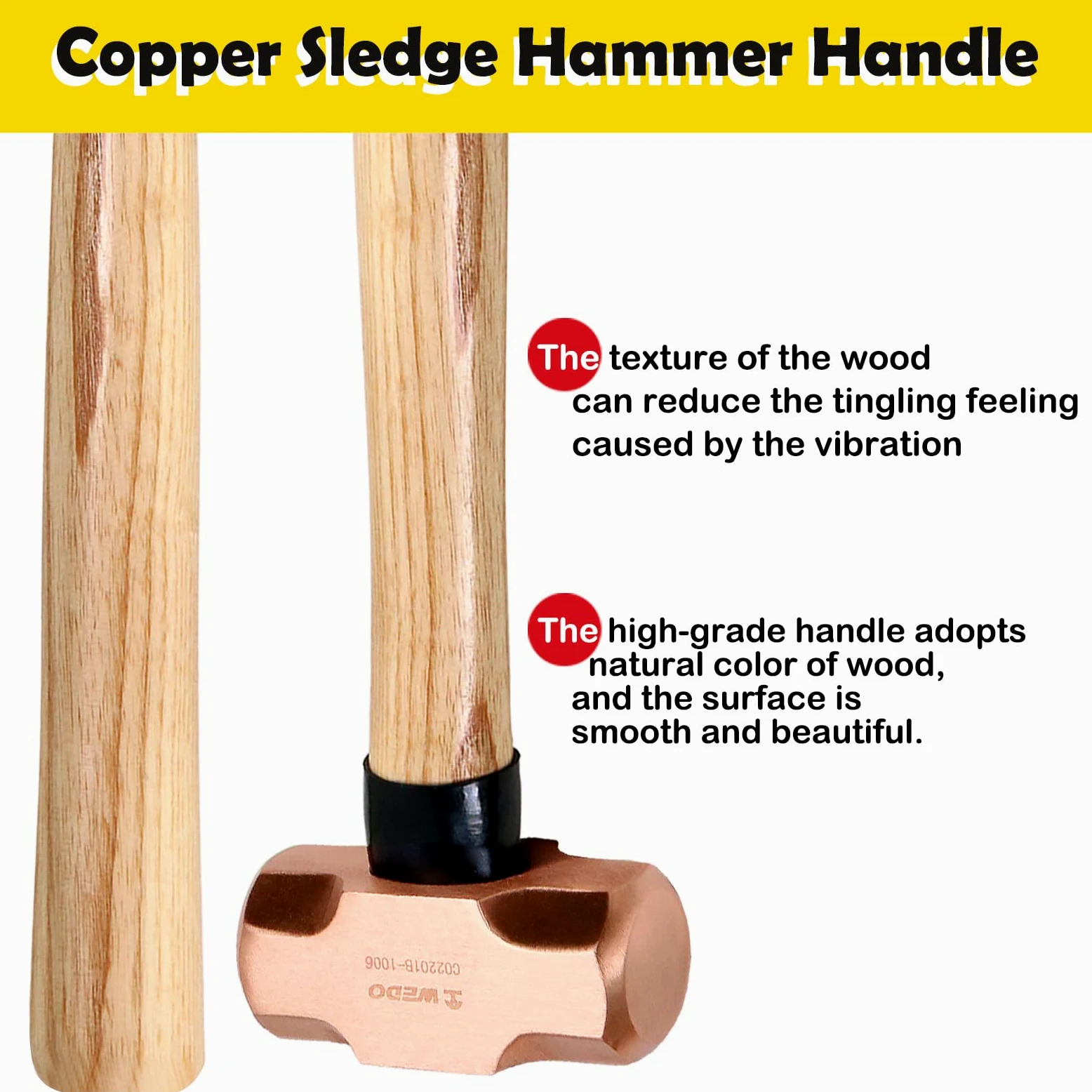 WEDO Kupferhammer,450g Kopfgewicht,310mm Länge, mit Holzgriff, langer gerader Griff, verstärkte Kopf-Griff-Verbindung, für Gartenarbeit und Bauwesen