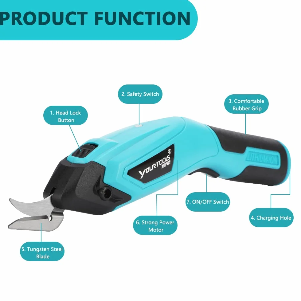 Kabellose Elektrische Schere 4.0V Stoff-und Kartonschneider mit Sicherheitsschloss, 2 Schneidköpfen, Multi-Cutter Wiederaufladbar Elektrischer Schneider Teppichschneider
