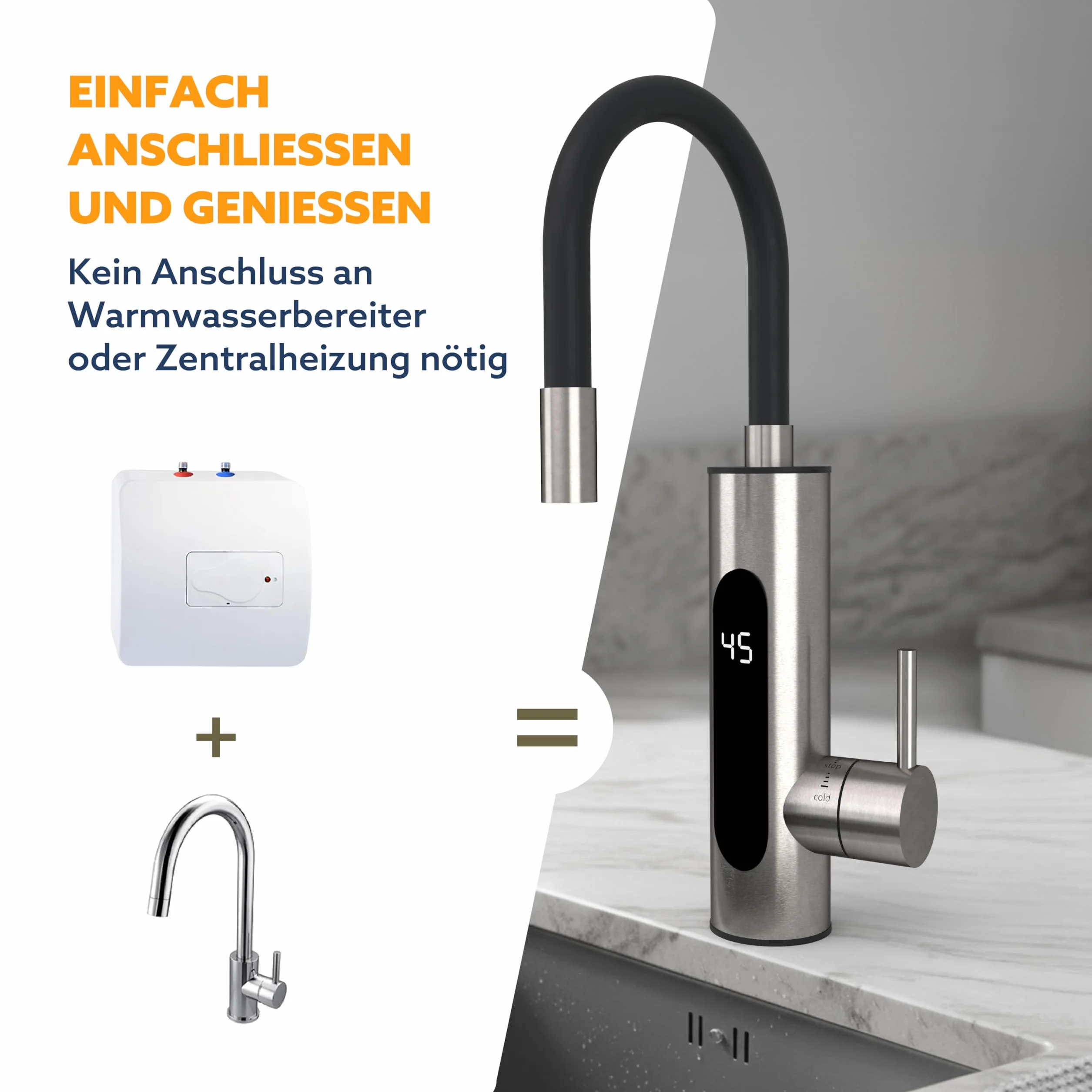 HOGART Elektrische Wasserhahn mit Durchlauferhitzer 230v für Küche, Garten, Bad, Wohnwagen, Camping, 2 Aufsätze, Smart Heater, Armatur mit Sofortiger Warmwasserbereiter, Warmwasserhahn, Wasserboiler