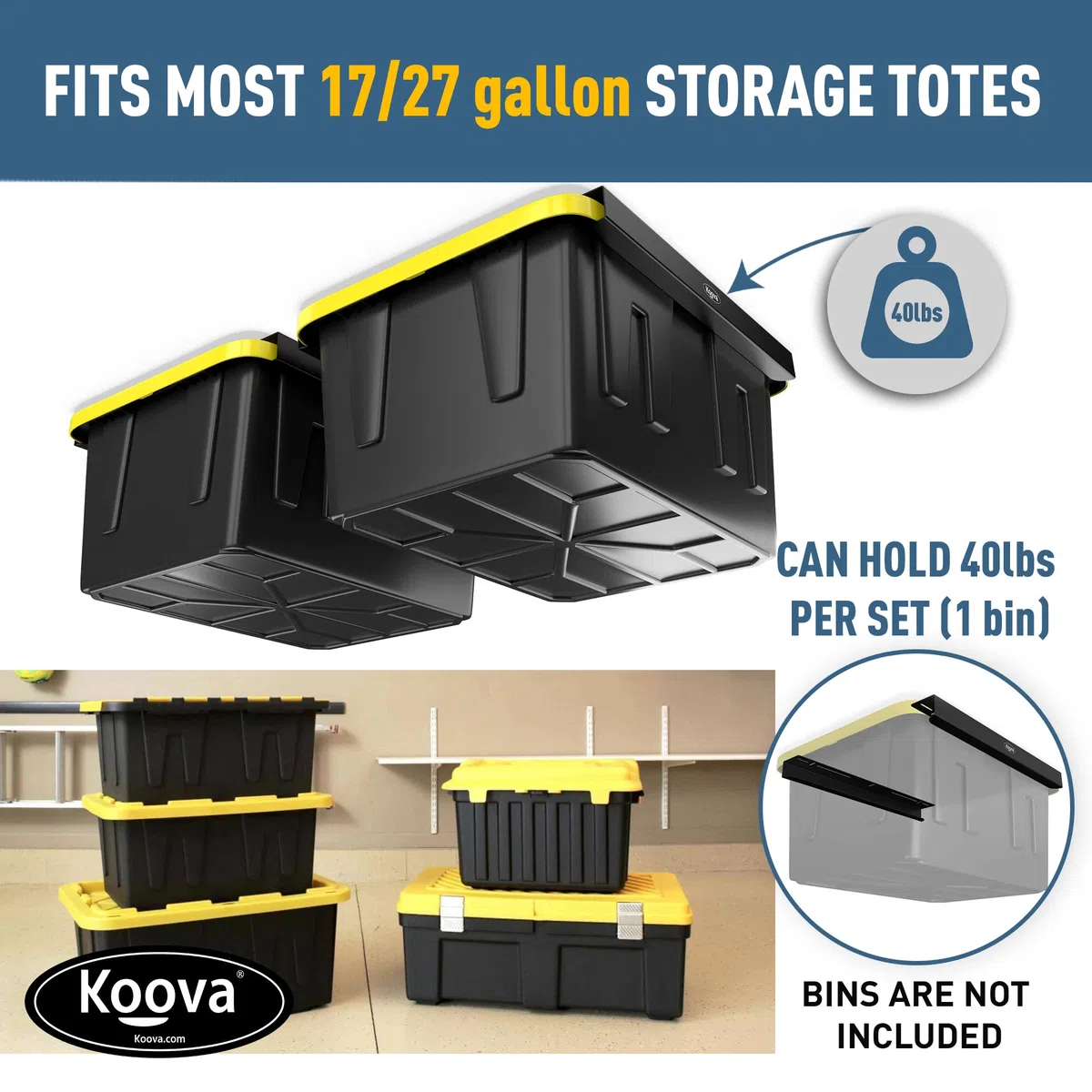 Koova Überkopf-Garagen-Aufbewahrungsregale für Mehrzweckbehälter, Rahmenschienen mit Hardware, robuste Stahl-Deckenaufhänger, Container-Organisation, DIY-Montagesystem (Zwei Müllregale)