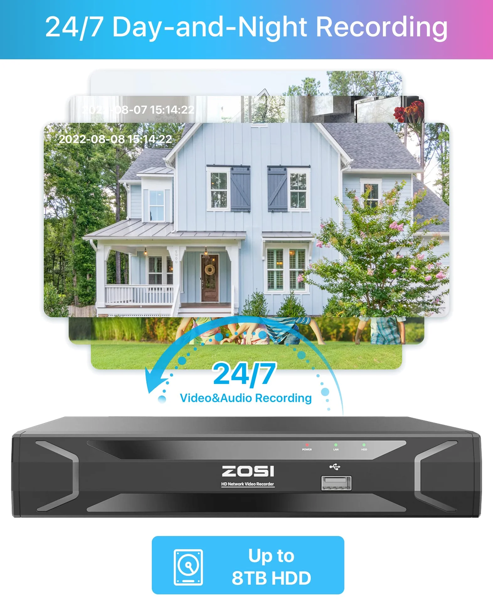 ZOSI PoE Überwachungskamera Set, 8CH 5MP NVR mit 2TB HDD, 4X 4MP PoE Kamera Überwachung Aussen Set mit Audio, Personenerkennung, 100ft Nachtsicht, C180 | Personenerkennung, IR-Nachtsicht, 24/7 Video- und Audioaufnahme, für Haus/Büro/Geschäft Überwachung