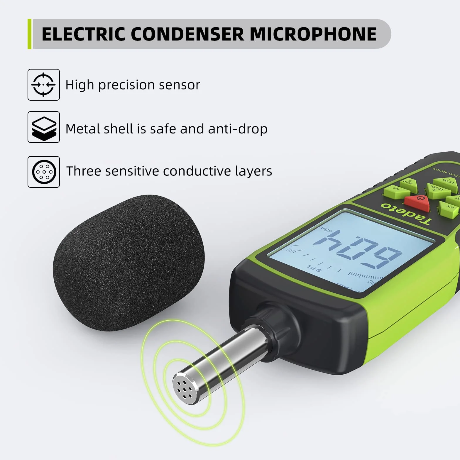 Dezibel Messgerät, Tadeto Schallpegelmesser Portable db Messgerät 30dB bis 130dB (5 Messbereich) Hintergrundbeleuchtung LCD-Display, MAX/MIN, akustische und visuelle Alarme, Data Hold, A/C-gewichtet