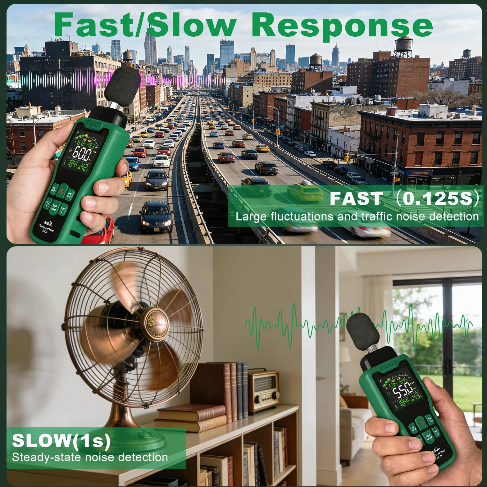 Dezibel Messgerät, SQECH Schallpegelmessgerät mit Temperatur und Feuchtigkeit Schallpegelmesser mit Farbigem Hintergrundlichtdisplay A/C Bewertung dB/SONE Einheit Schnelle/Langsame Reaktion 30–130dB