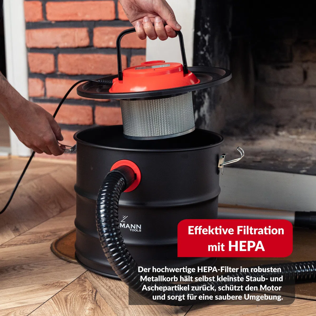LEHMANN Aschesauger 15L - Kaminsauger für hohe Temperaturen - robustem Metalltank - Waschbar HEPA-Filter im Metallgehäuse - Blasfunktion - Aschestaubsauger ideal für Kamin, Pelletofen und Grill