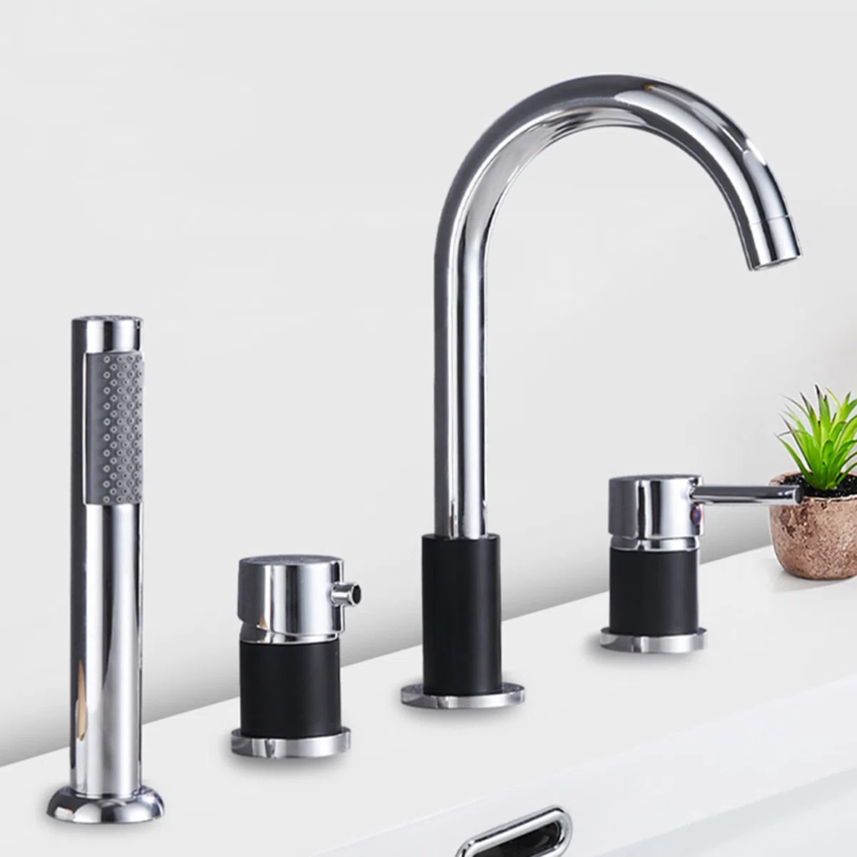 Mischbatterie für Badewanne und Dusche, 4 Wasserhahnlöcher, für heiße und kalte Wasserhähne, ausziehbar, für Badezimmer, modernes Design, Schwarz und Chrom