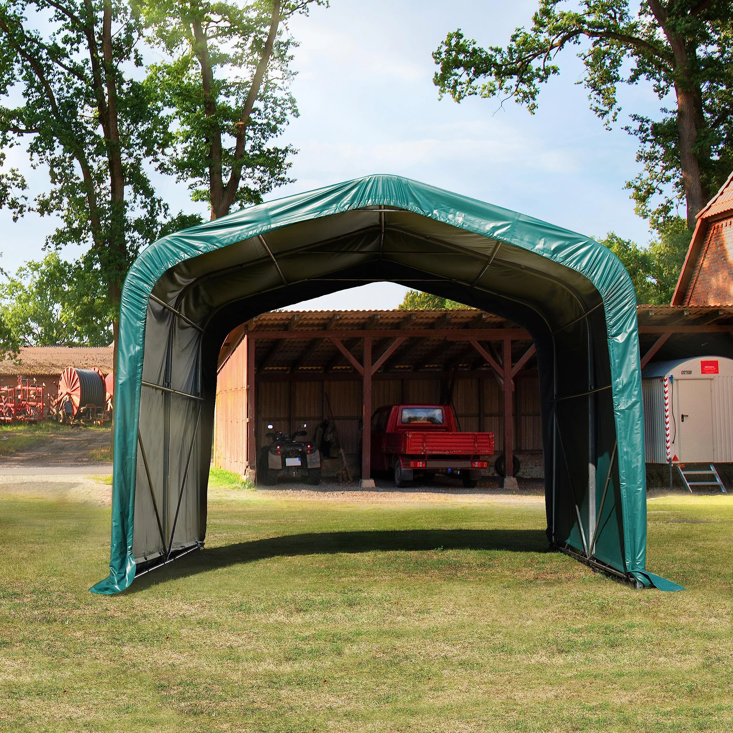 TOOLPORT Weideunterstand 4x4 m PVC Plane 850N Lagerzelt Unterstand grün für Erduntergrund
