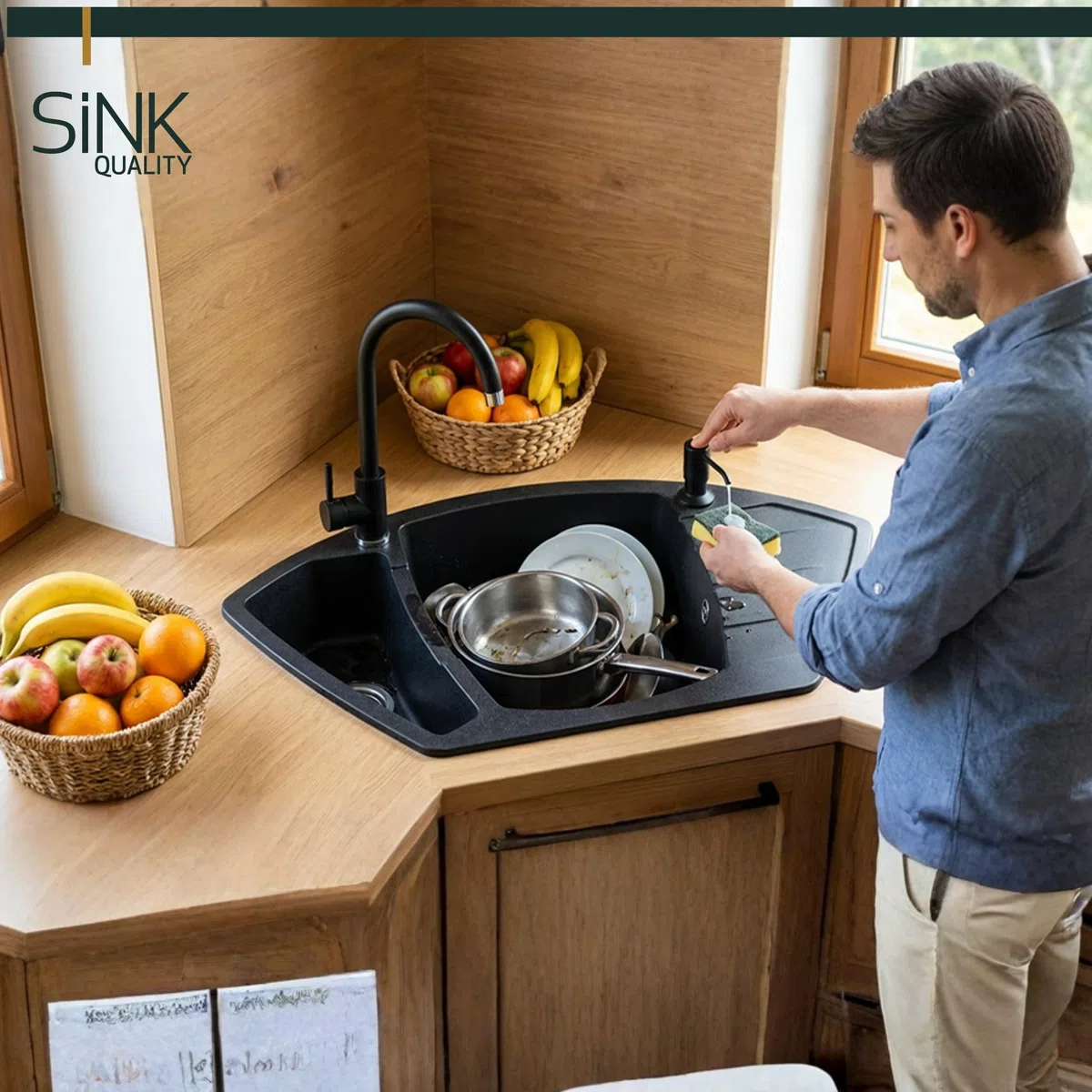 SINK Quality Eckspüle aus Granit 90x54 cm - Graphit – 1,5 Becken Einbauspüle mit Restebecken, Robust & Kratzfest, Inkl. Siphon & Imprägnierung, Küchenspüle ab 70 cm Unterschrank