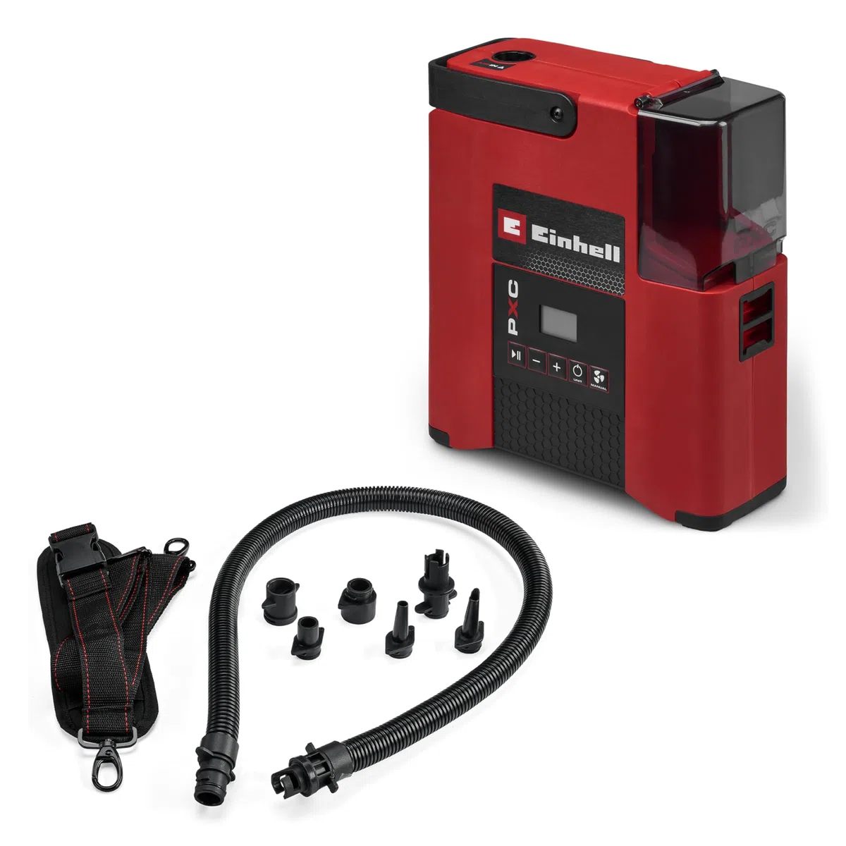Einhell Akku-SUP-Pumpe SUPPERO 18/380 PXC (18 V, Inflation + Deflation, max. 1,38 bar / 20 PSI, max. 380 L/min, Auto-Stop, Tragegurt, inkl. 7 Adapter, ohne Akku)