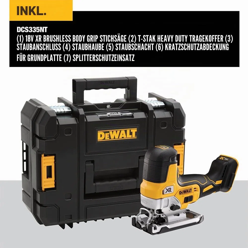 Dewalt 18V Akku-Pendelhubstichsäge DCS335NT (bürstenlos, verstellbarer Alu-Druckguss-Sägeschuh, 3-fach Pendelhub, inkl. Absaugadpater, Sägeschuh-Schutzauflage, TSTAK Box II, Lieferung ohne Akku)