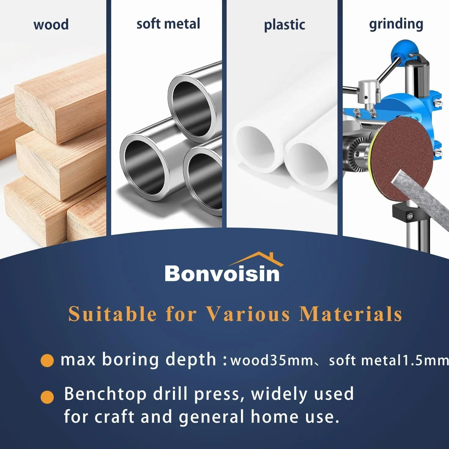 Bonvoisin Mini Tischbohrmaschine 1200W, 6 Variable Geschwindigkeiten, Max. 2800RPM, Bohrerdurchmesser 35mm, für Basteln/Heimwerken/Metallbearbeitung (EU)