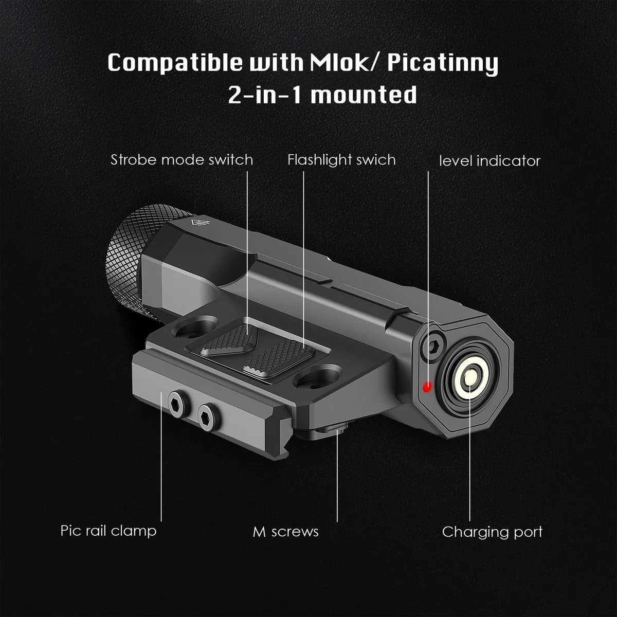 DEFENTAC 2400 lm Aluminium-Taschenlampe ist kompatibel mit Picatinny/Mlok-Schiene für Gewehr, wiederaufladbares Waffenlicht mit Stroboskop/Momentan, mit Druckpolsterschalter