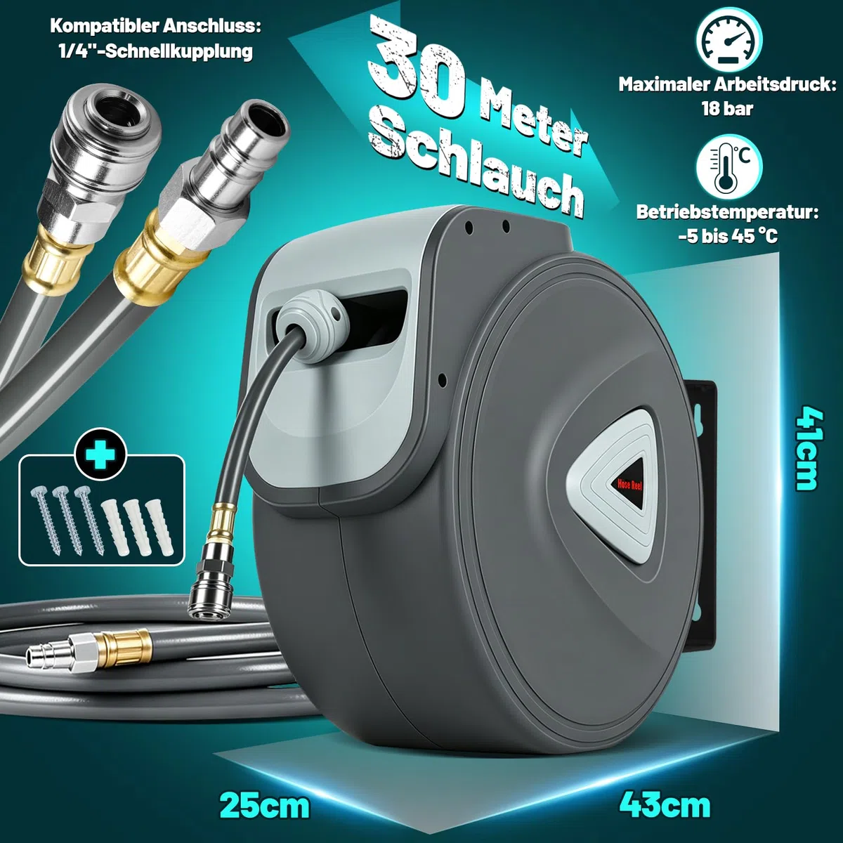 Druckluftschlauchtrommel 30m, Schlauchtrommel druckluft Automatisch 1/4" Anschluss, PVC Luftschlauch Trommel, Wandmontage Druckluftschlauch Aufroller für Kompressor Werkstatt