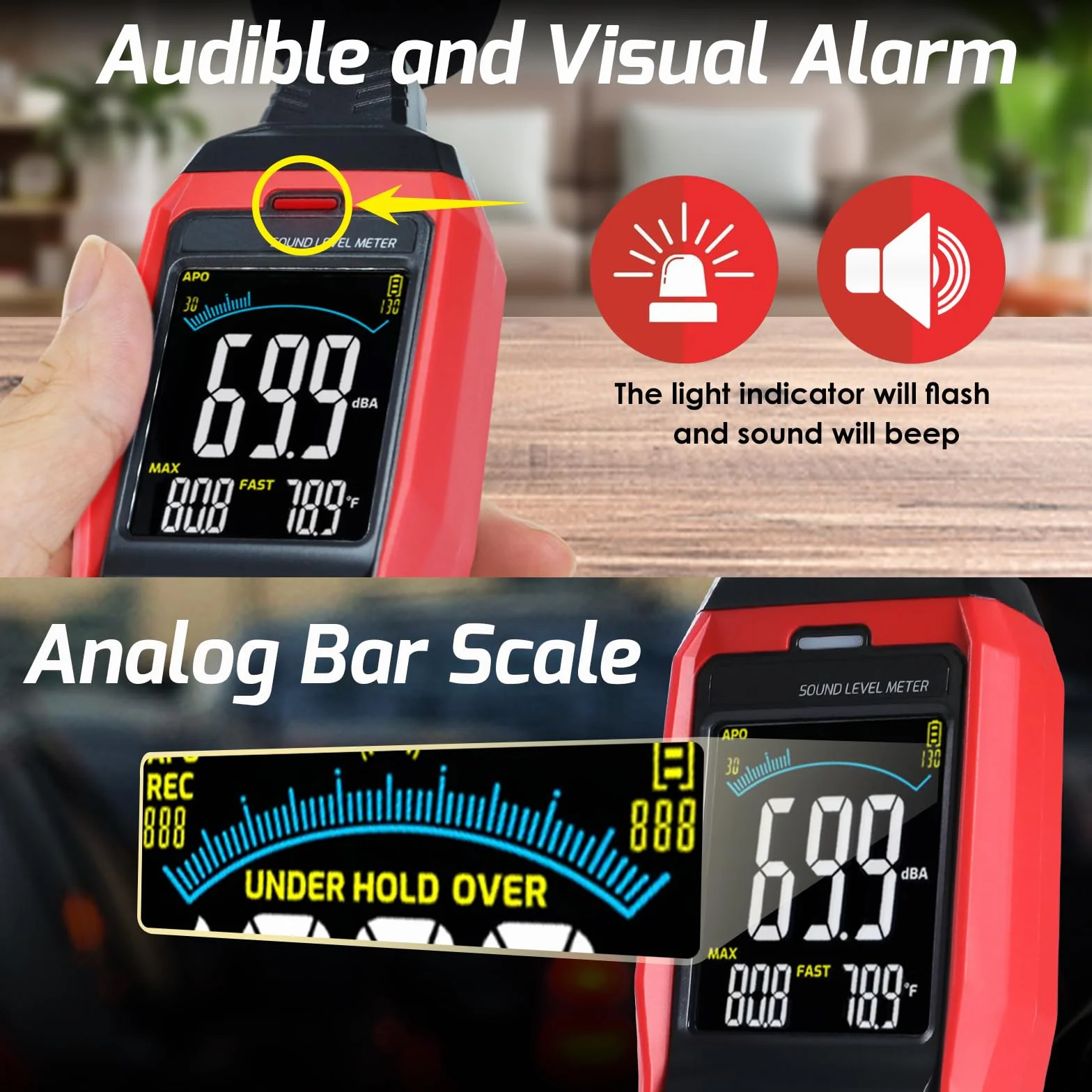 Decibel Datenmessgerät, großer LCD-Schallpegelmesser, A/C/Z Rauschmesser, Hochpräzises Tonmessgerät mit akustischem visuellen Alarm, schnelle / langsame Temperatur-Datenaufnahme