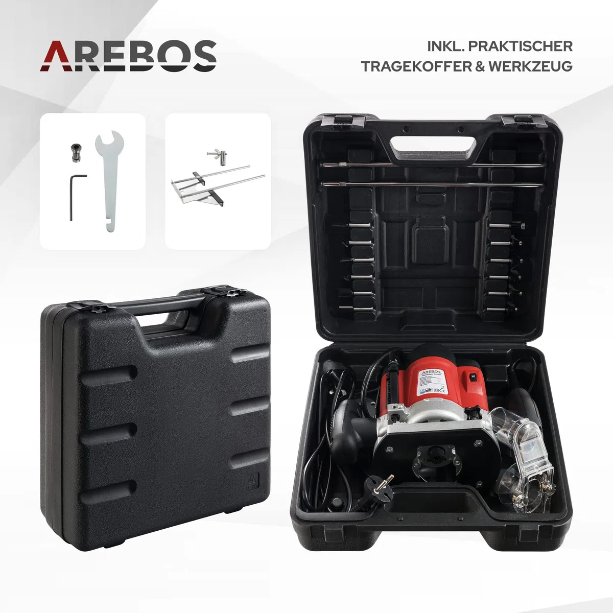Arebos Oberfräse mit Koffer (1200 W, Ø 6 und 8 mm, Drehzahlregelung, Parallelanschlag, Reduzierstück, Kopierhülse, Absaugadapter, inkl. Zubehör) inkl. Fräser Set 12-teilig