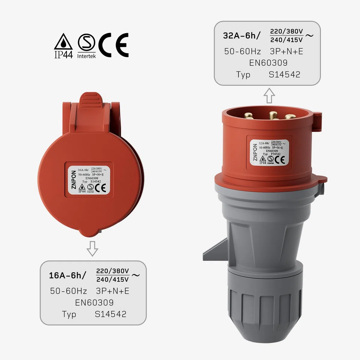 CEE Adapter 32A Stecker auf 16A Kupplung 3-phasig 400V 5-polig Starkstrom IP44