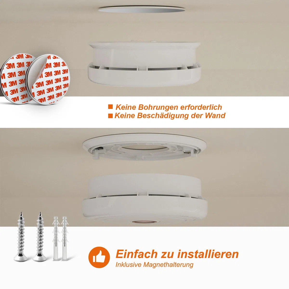 Rauchmelder mit Magnethalterung, photoelektrischer Brandmelder 10 Jahre Lebensdauer, 4 Stück