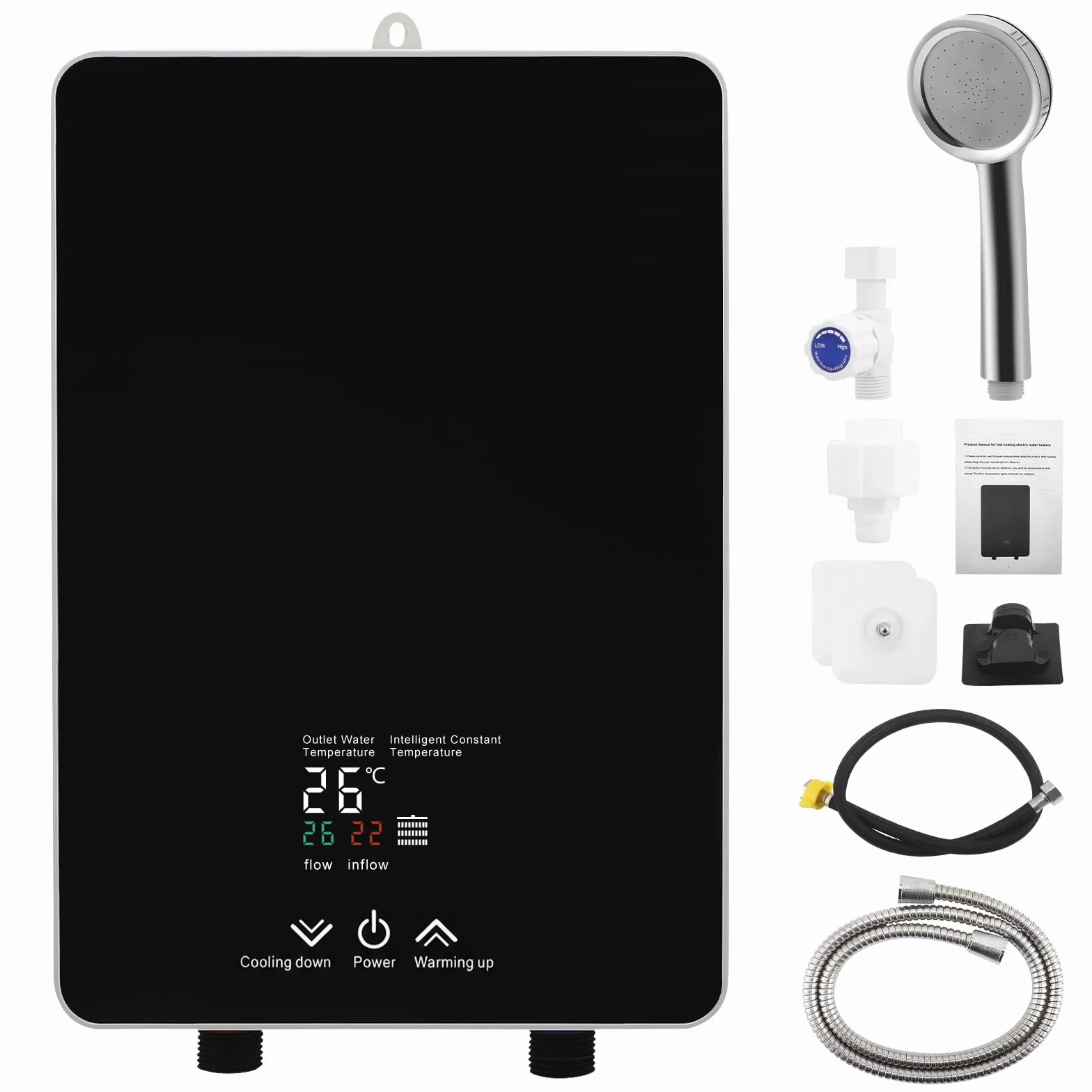 Durchlauferhitzer, 5500W 220V Elektrische tankloser Warmwasserbereiter mit LED, Elektronisch Geregelter Warmwasserbereiter Durchlauferhitzer für Dusche, Badezimmer, Küche [Energieklasse A] (Schwarz)