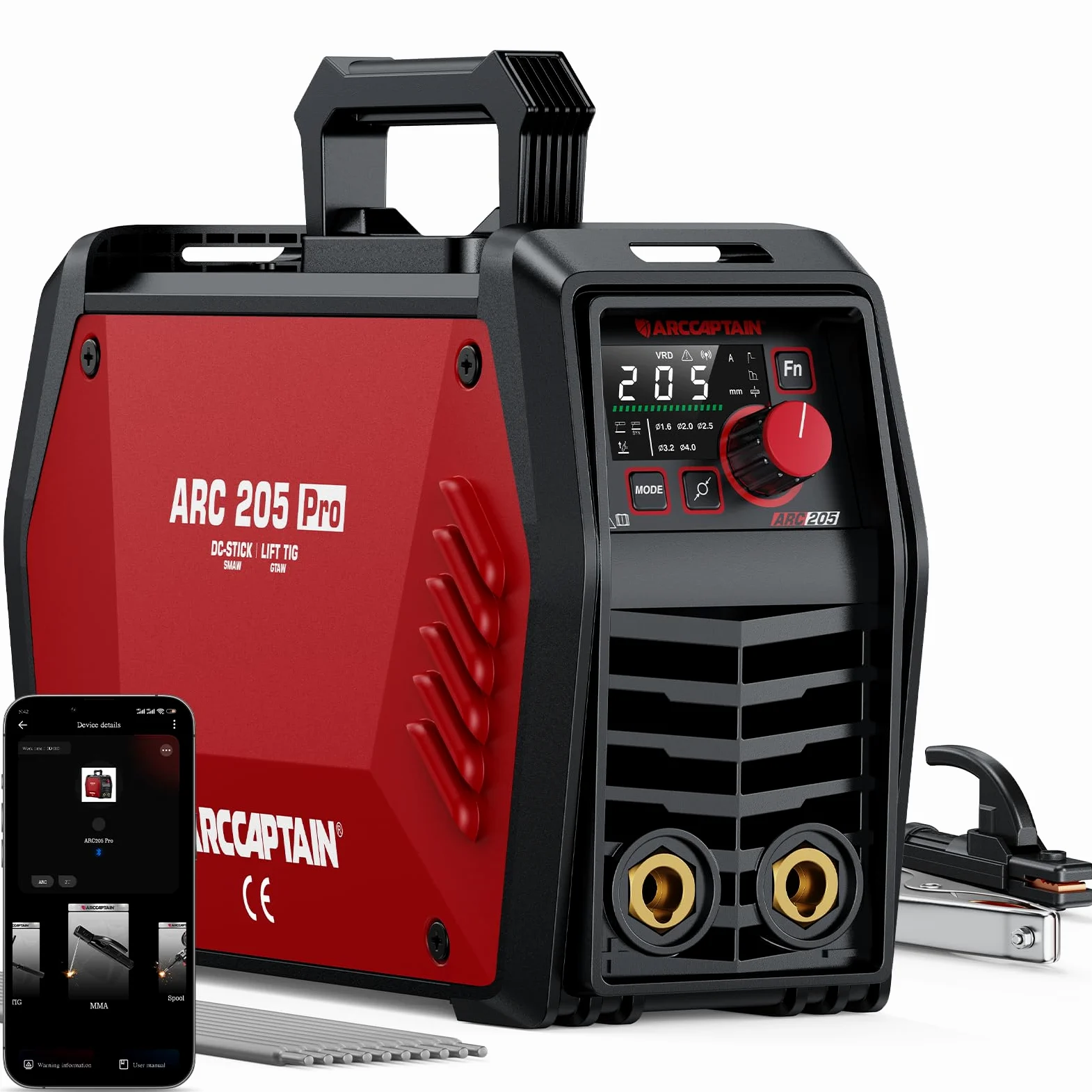 ARCCAPTAIN iControl ARC205 Pro Schweißgerät [App-Steuerung] 205 Amp ARC/Lift TIG Schweißgerät, LED-Anzeige, IGBT Inverter 230V MMA Schweißgerät mit Warmstart, Lichtbogenkraft und Anti-Stick