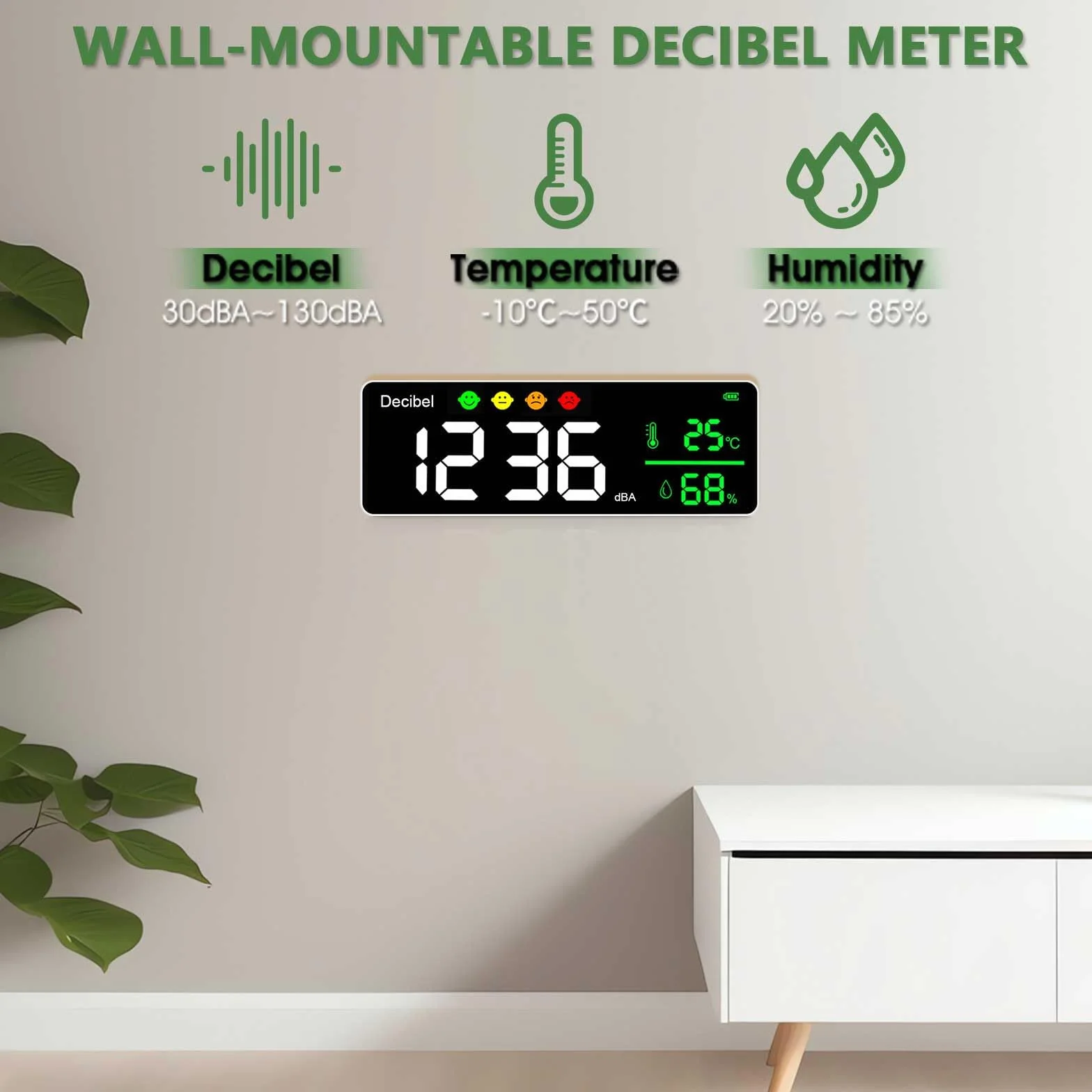 Digital Schallpegelmessgerät 30-130dB Dezibel Messgerät, Lärm/Temperatur/Hygrometer mit 11" Große LED Bildschirm, Wandbehang Rauschmessung Tester Sound Level Meter für Klassenzimmer, Büro, Fabrik