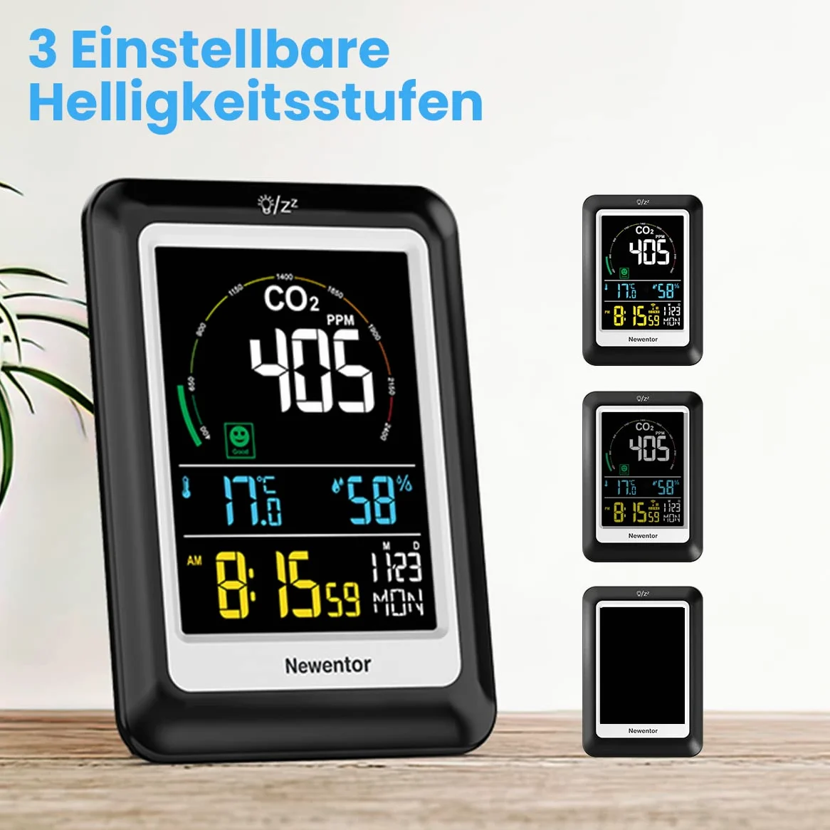 Newentor CO2 Messgerät, NDIR, 4 CO2-Konzentrationsstufen mit Alarm, Batteriebetrieb & USB-Anschluss, Schwarz
