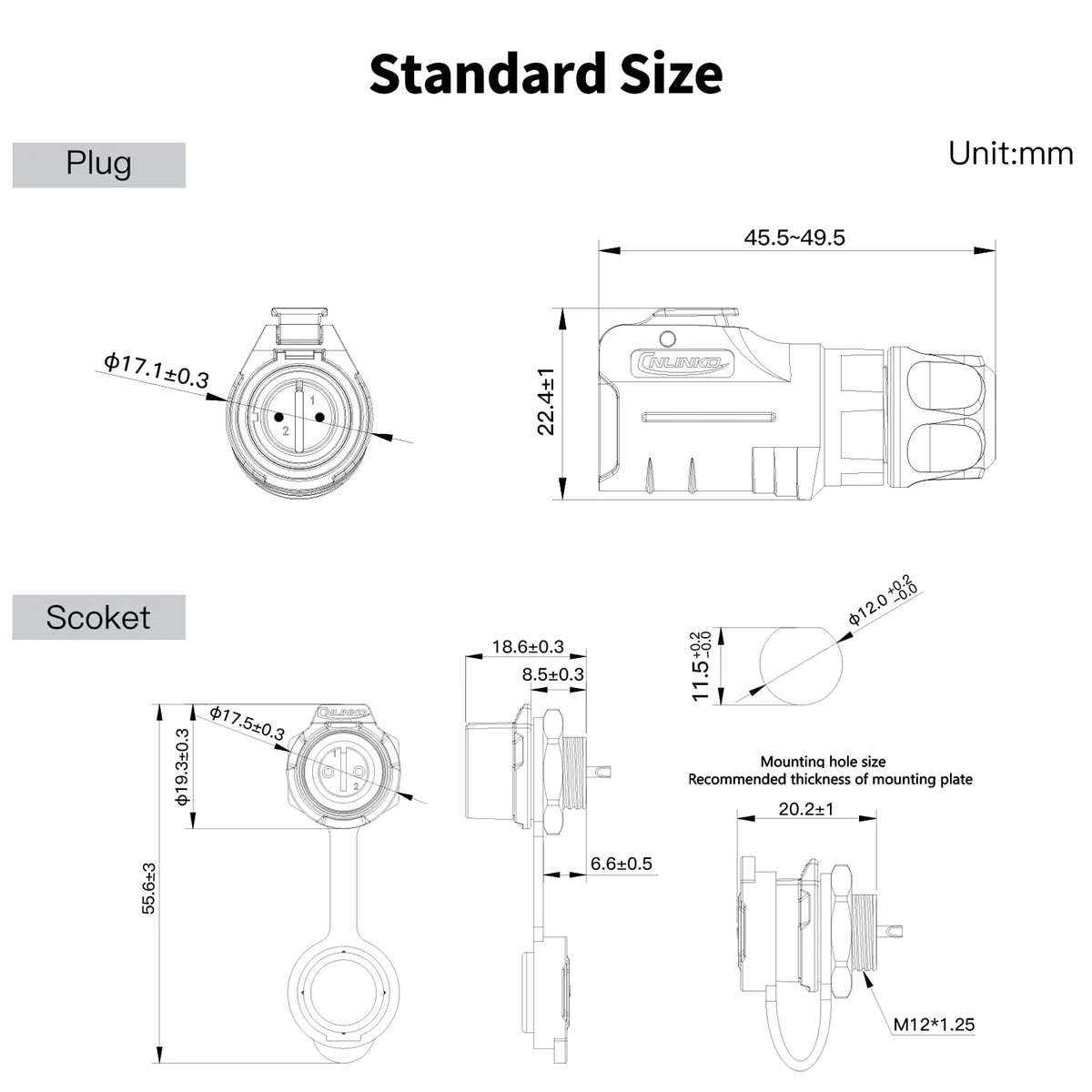 CNLINKO LP-12 IP68 Wasserdichter 2-poliger Steckverbinder - Für Solaranlagen, Industriemaschinen & Kabelverbindungen - DC 12V Gewinde-Einzelport Metallverstärktes (2-Polig Set)