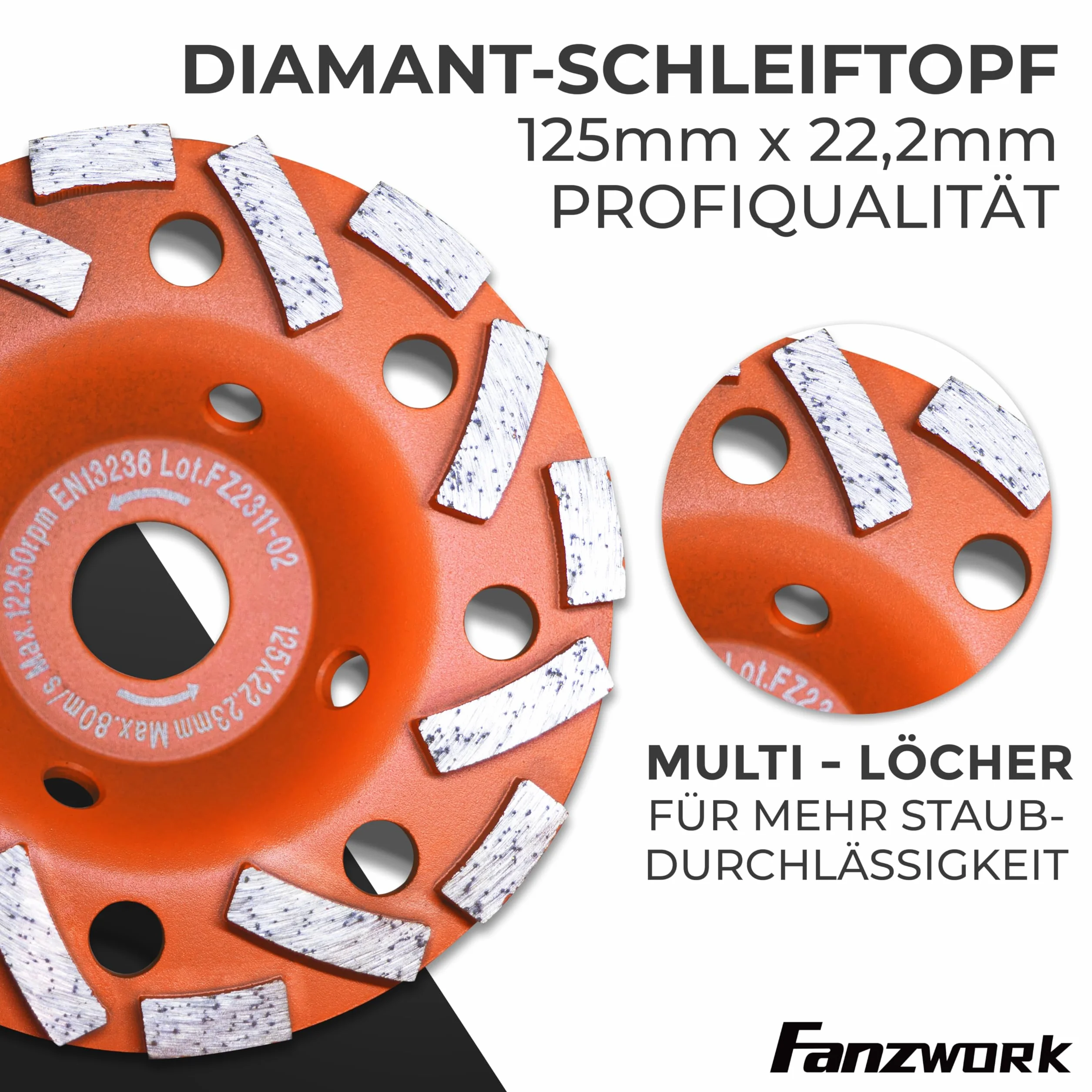 FANZWORK Absaugaufsatz Absaughaube für Winkelschleifer inkl. 125 mm Diamantschleiftopf PROFI QUALITÄT – Bürsten auswechselbar – 99% universal passend – verstärkter Adapterring – M14 Adapter