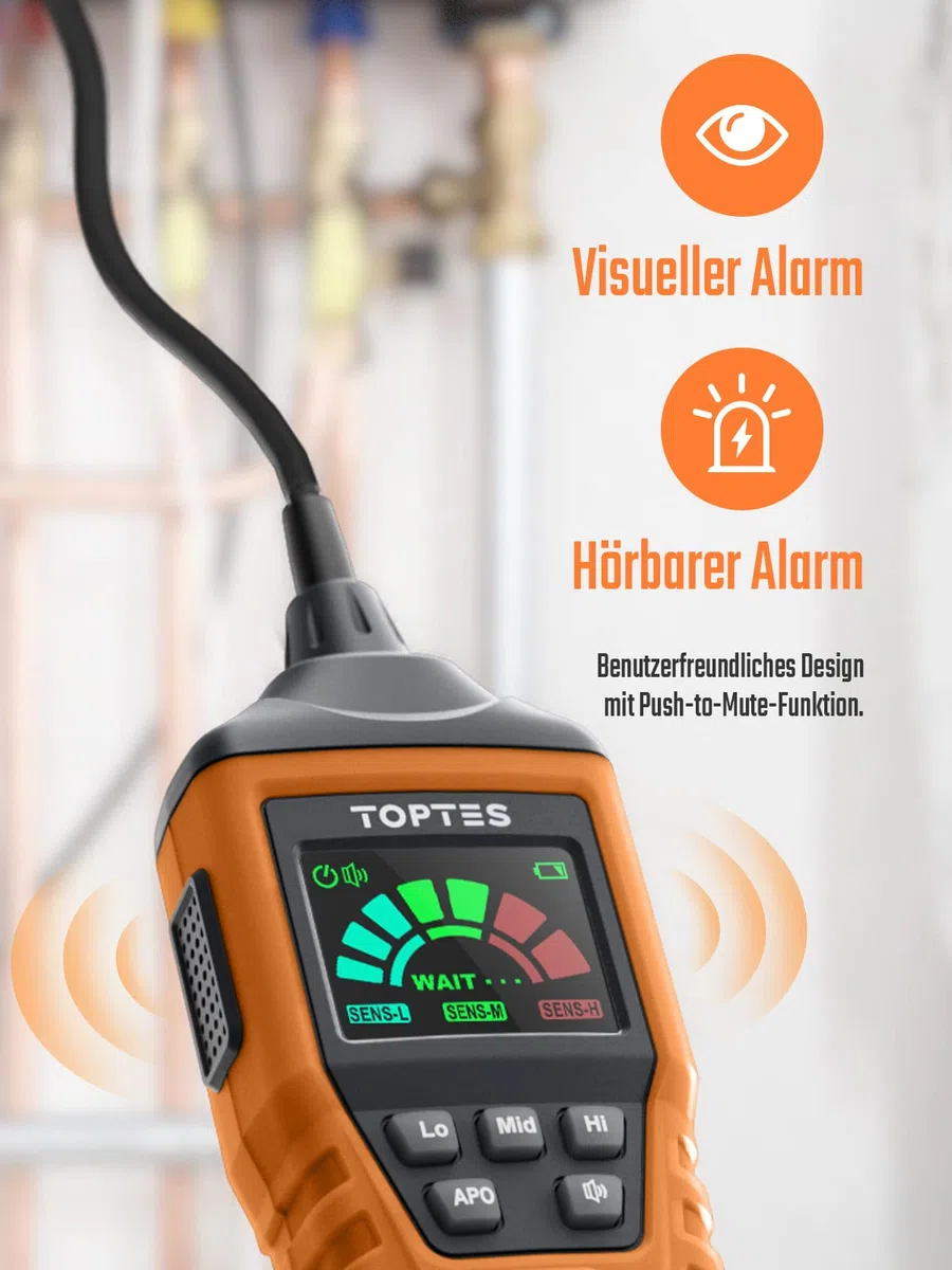 Gasmelder, TopTes PT520A Erdgasdetektor für Zuhause und Wohnmobil mit 43,5 cm Sonde zur Ortung von Gaslecks wie Propan, LPG (3X AAA-Batterien inklusive, deutsche Bedienungsanleitung) - Orange