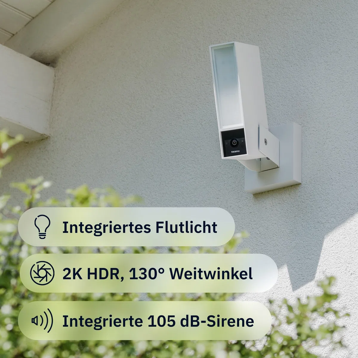 NETATMO Überwachungskamera für den Außenbereich, 2SD, WLAN 5 GHz, 2K HDR, KI-Erkennung Personen/Fahrzeuge/Tiere, LED-Flutlicht 12 W, Sirene 105 dB, lokale Speicherung, ohne Abonement, Weiße, NOC-2-AMZ