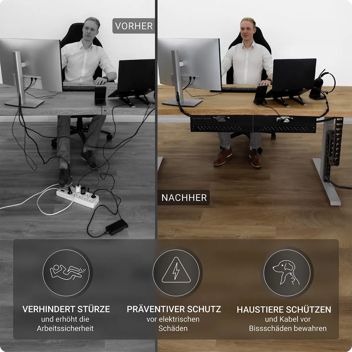 Kabelführung Schreibtisch, Flexibel anbringbare Kabelschlange, Robuste Kabelkette, Flexibler Kabelkanal für ideales Schreibtisch Kabelmanagement und für höhenverstellbare Schreibtische (Schwarz)