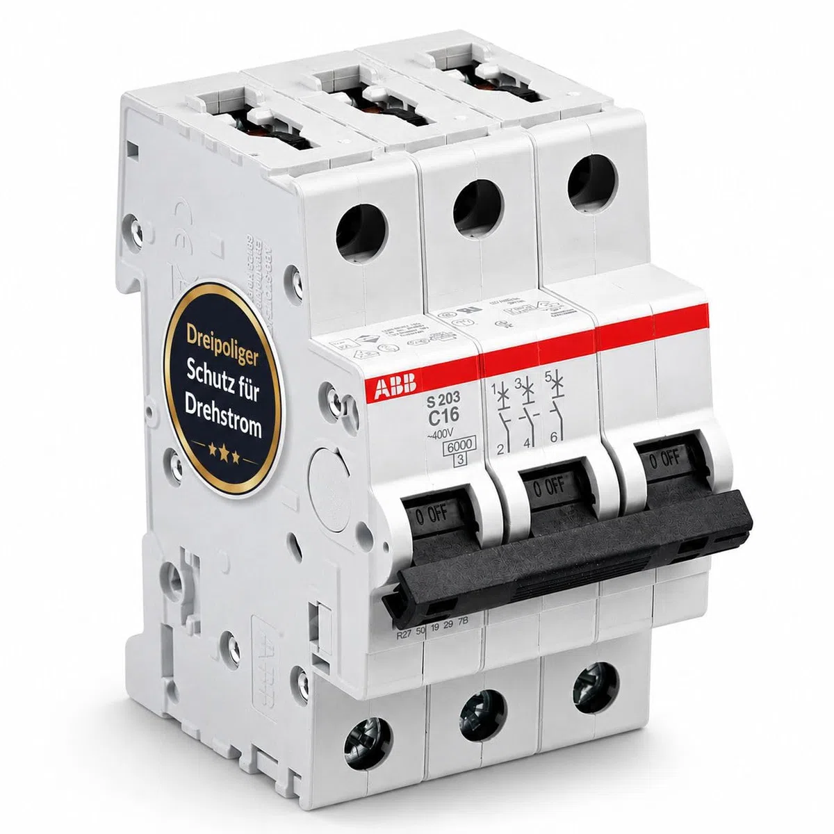 ABB S203-C16 Leitungsschutzschalter 3-polig 16A C-Charakteristik, Sicherungsautomat 6kA, LS-Schalter für Drehstrom & Hutschiene, System pro M compact Leitungsschutzschalter 3P