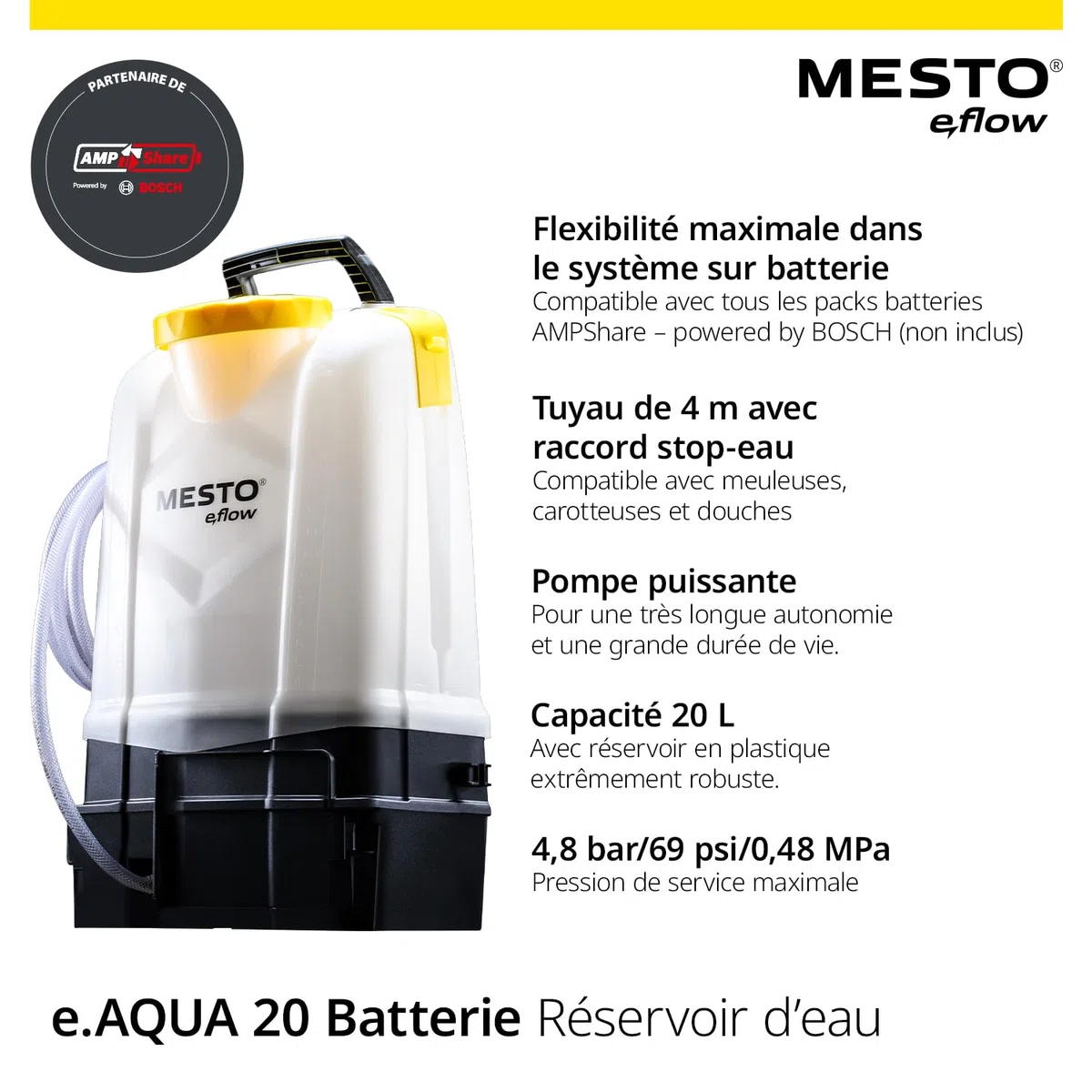 MESTO e.AQUA 20 L Akku-Wasserbehälter | Wassertank mit Pumpe & 4 m Schlauch | Für Bau Garten & Diamanttechnik | Ohne Akku & Ladegerät