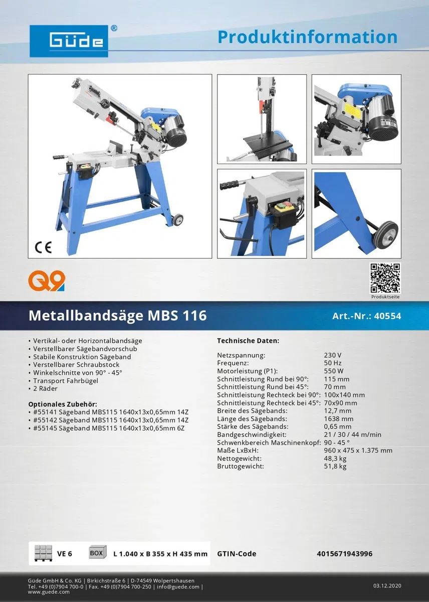Güde Metallbandsäge MBS 116 Eisensäge Metallsäge Tischsäge elektrisch 230V 550W