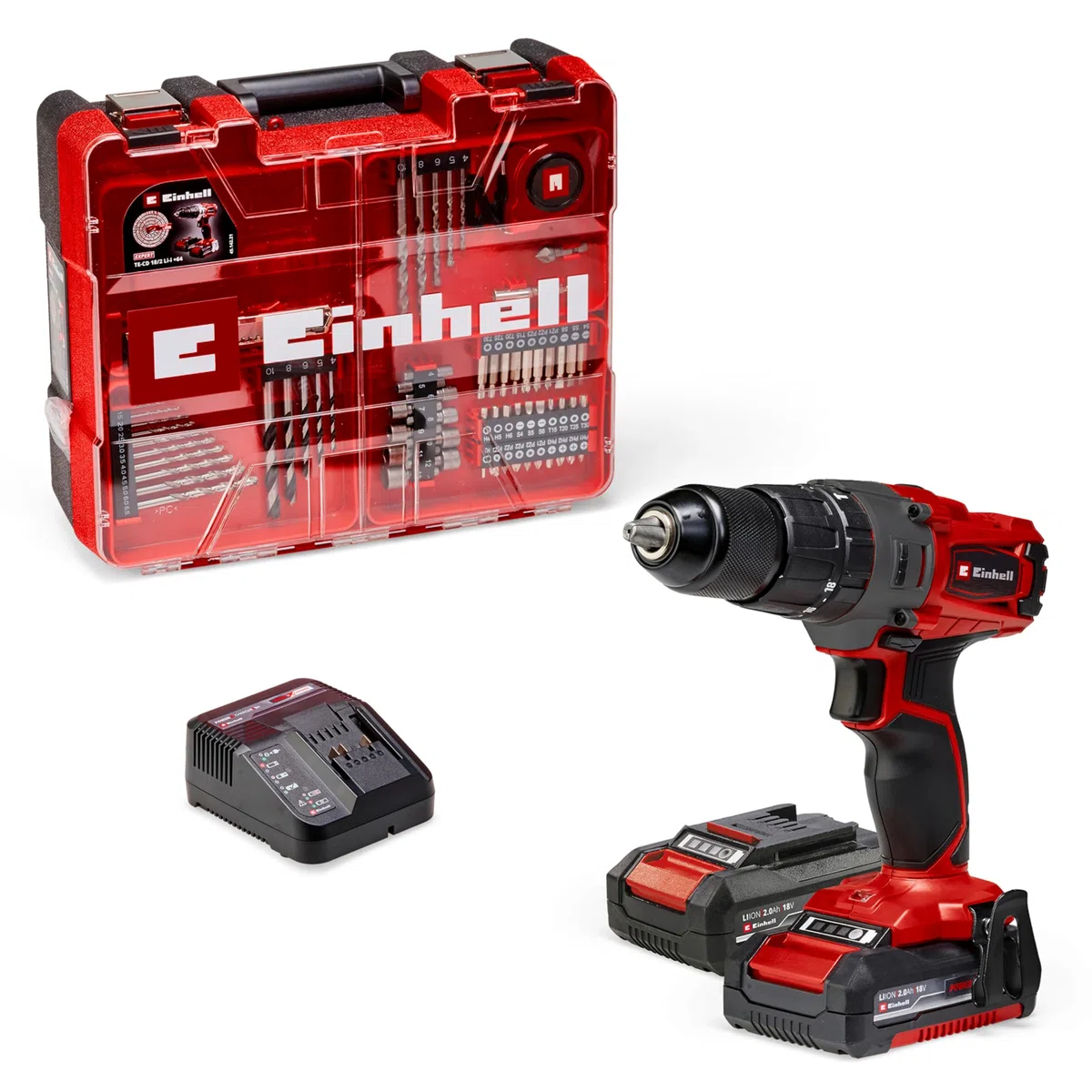 Einhell Akku-Schlagbohrschrauber TE-CD 18/2 Li-i +64 (2x2,0Ah) Power X-Change (Li-Ion, 18 V, 44 Nm, 2-Gang-Getriebe, inkl. 2x 2,0 Ah Akkus, Ladegerät, Koffer, 64-tlg. Zubehör-Set)